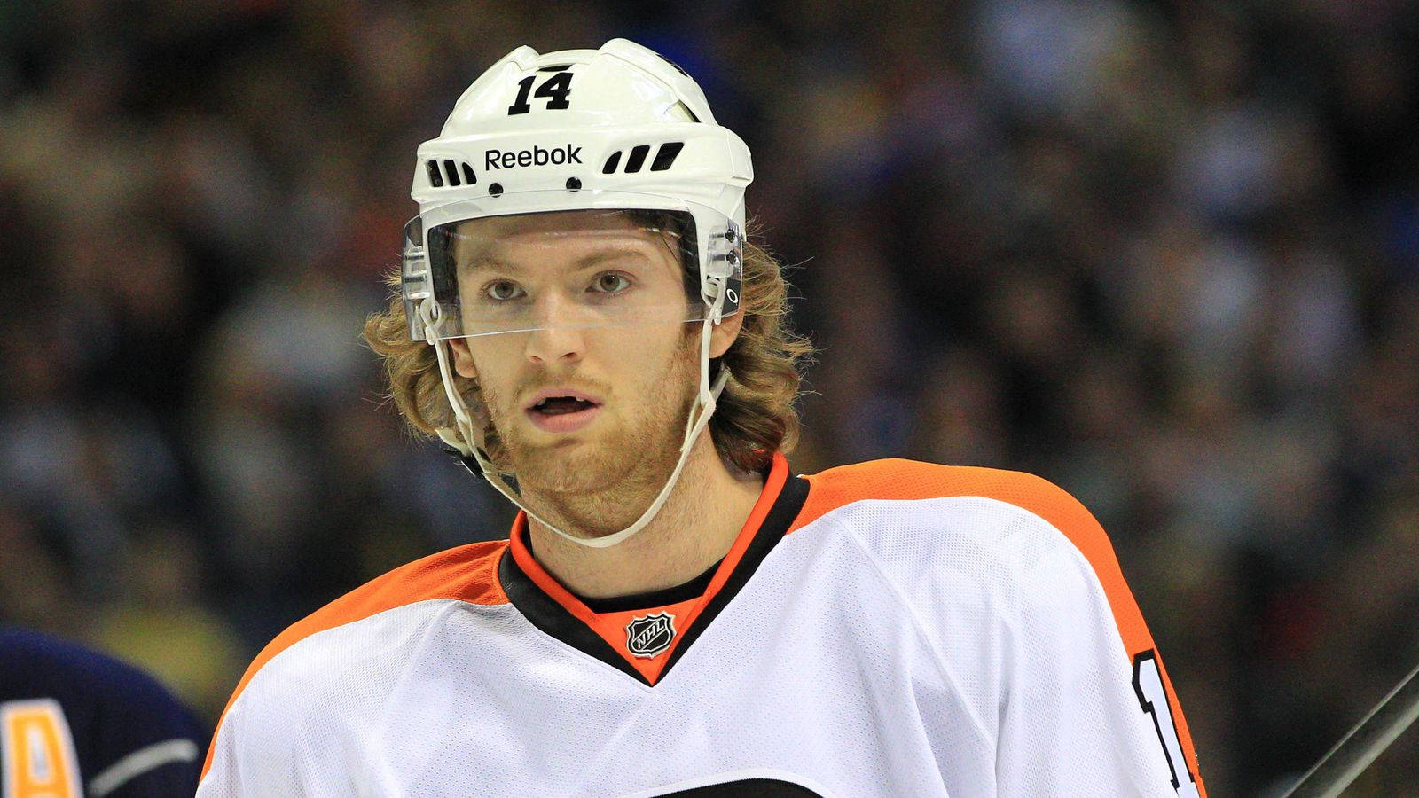 Sean Couturier, white and orange jersey, number 14, HD Desktop Wallpaper