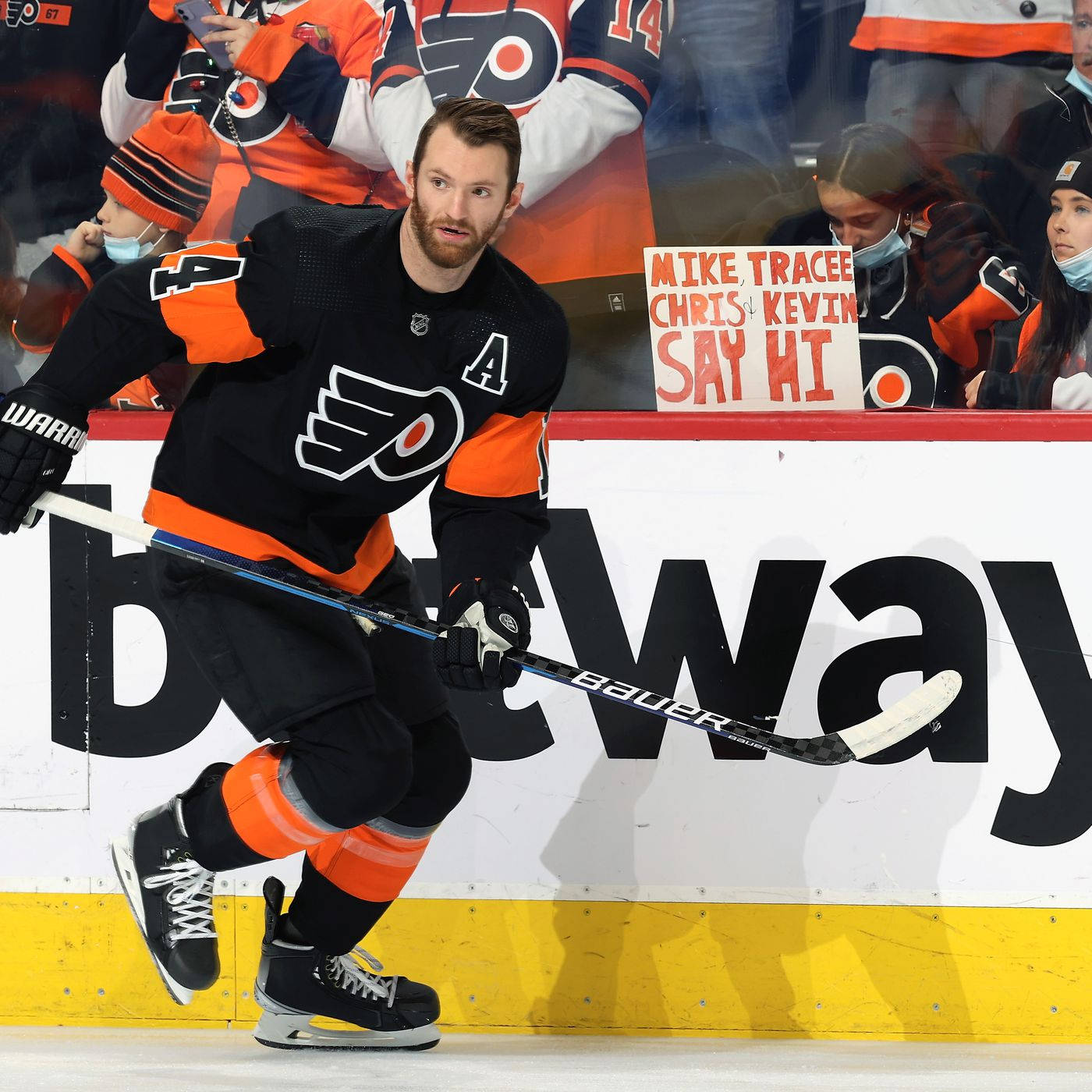 Sean Couturier, black and orange jersey, rink boards, HD Desktop Wallpaper
