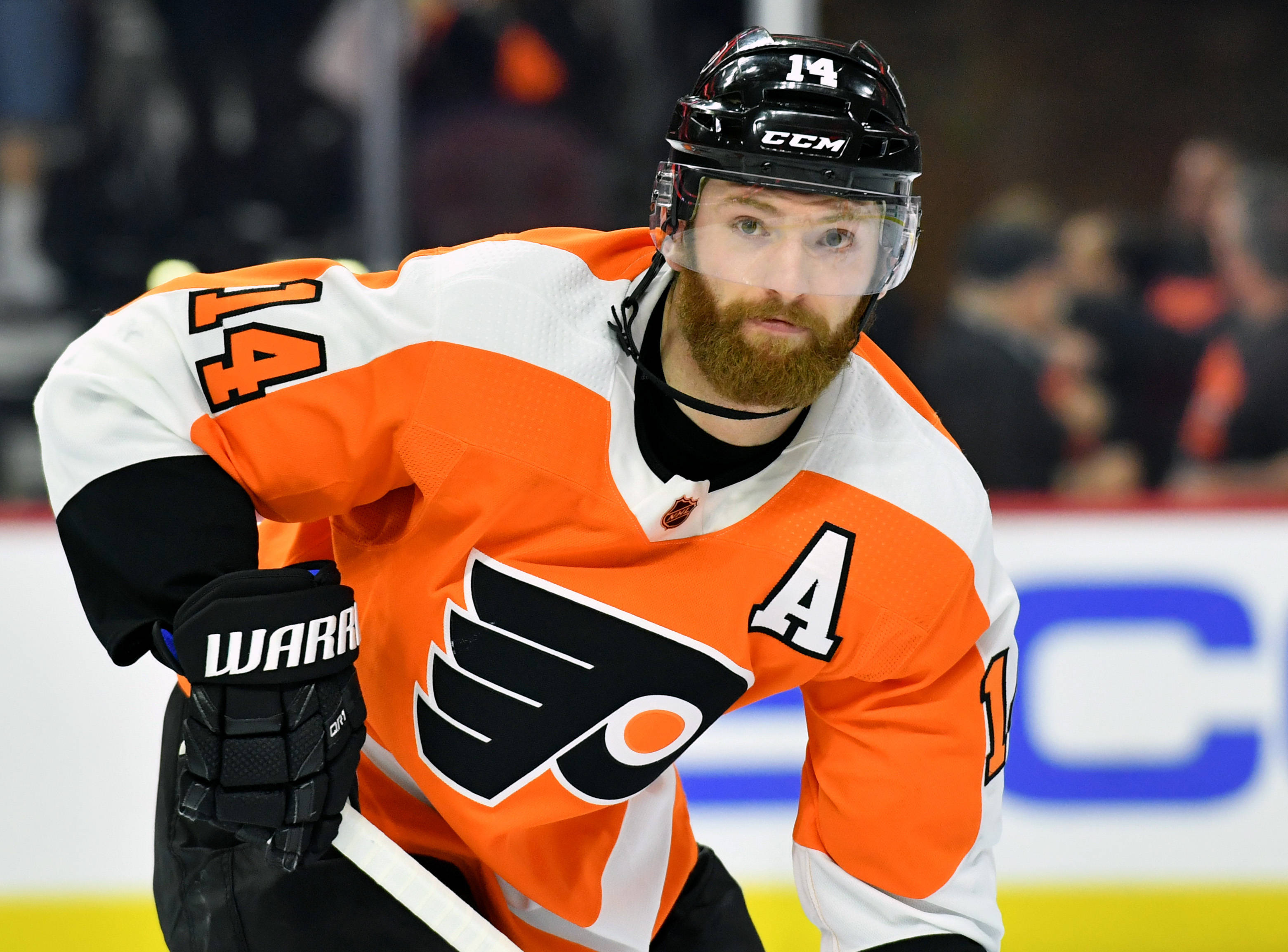 Sean Couturier, orange and black jersey, ice hockey, 2K Desktop Wallpaper