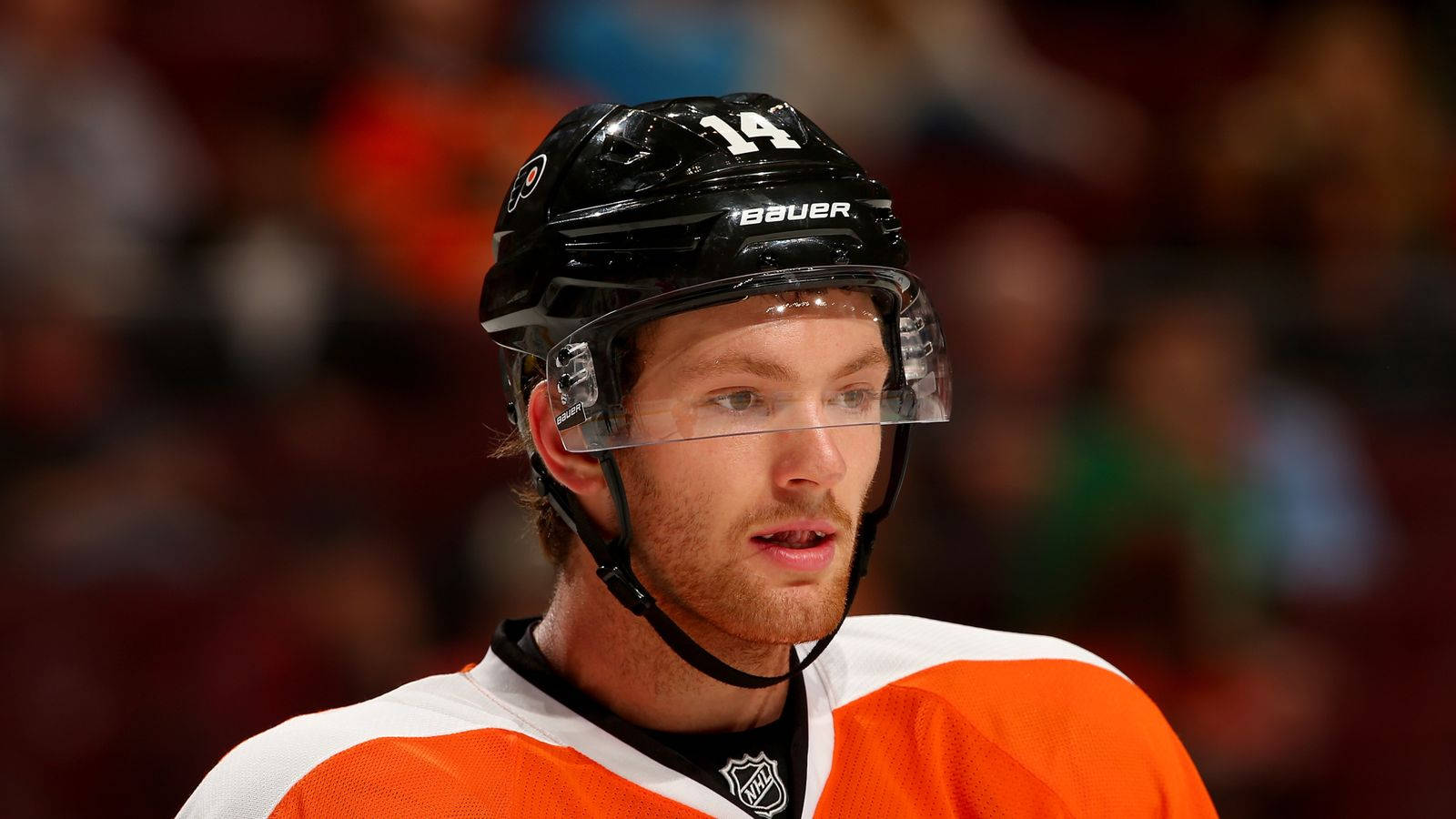 Sean Couturier, orange and white jersey, black Bauer helmet, HD Desktop Wallpaper