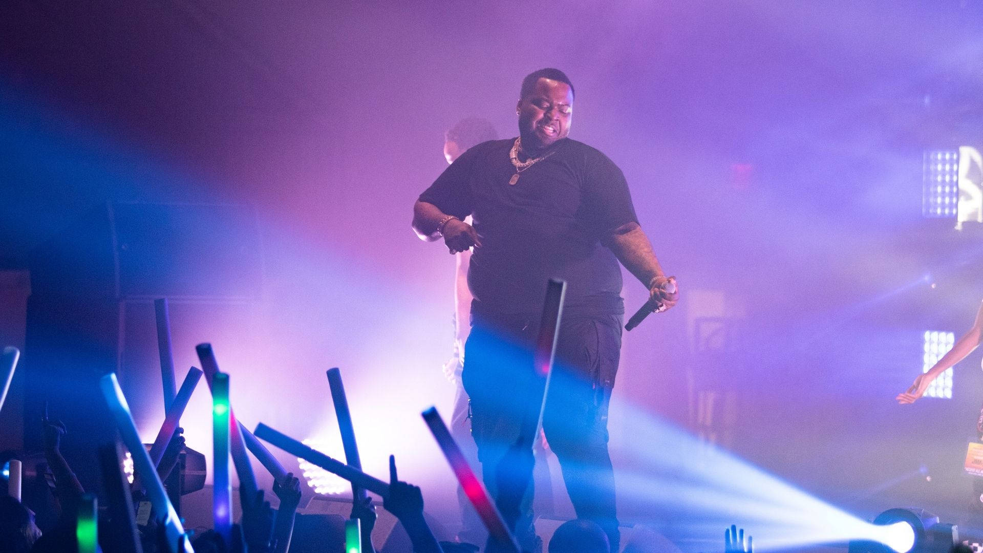 Sean Kingston, vibrant purple and blue stage lights, glowing light sticks, Full HD Desktop Wallpaper