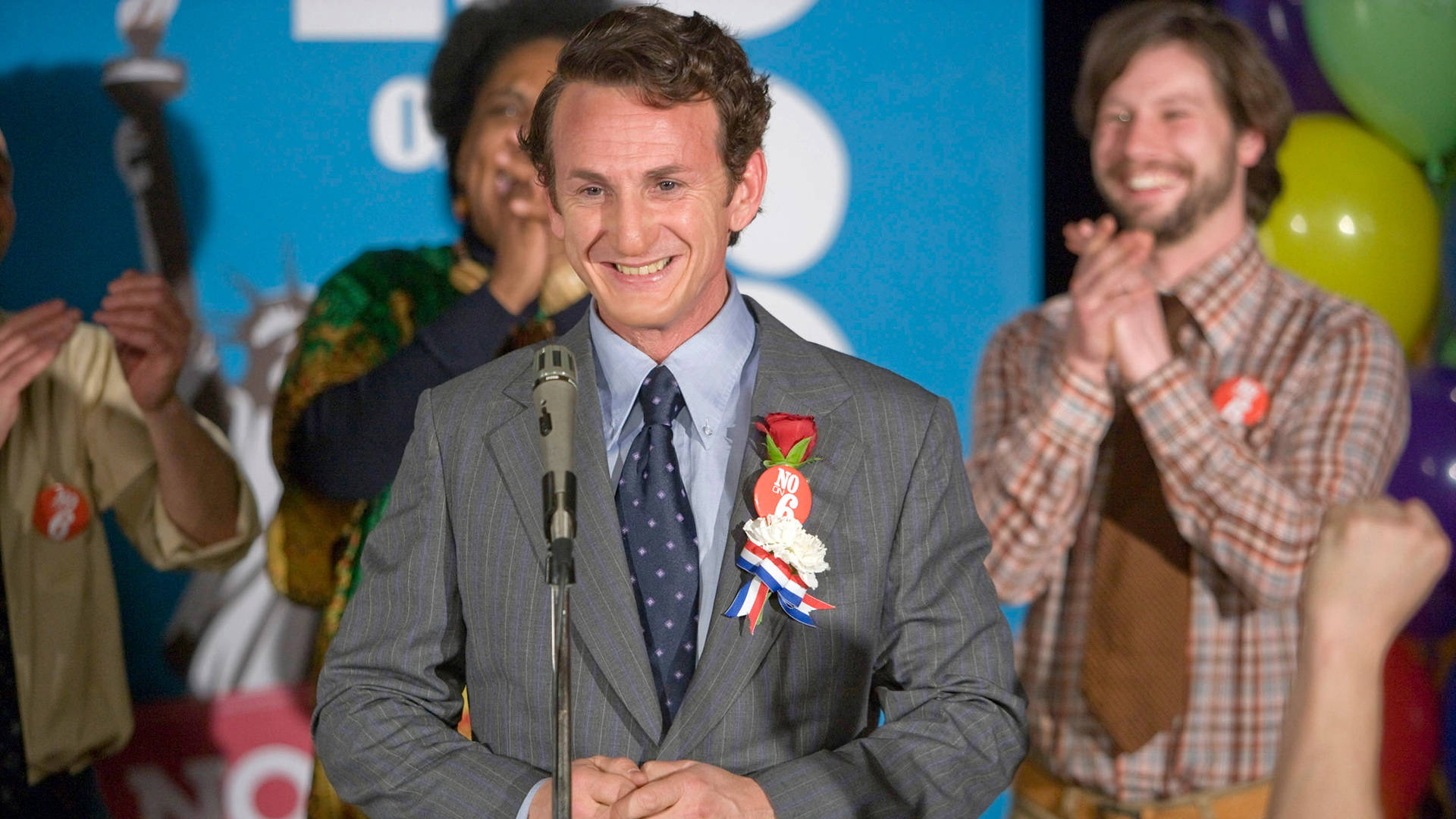 Sean Penn, gray suit, red white and blue boutonniere, Full HD Desktop Wallpaper