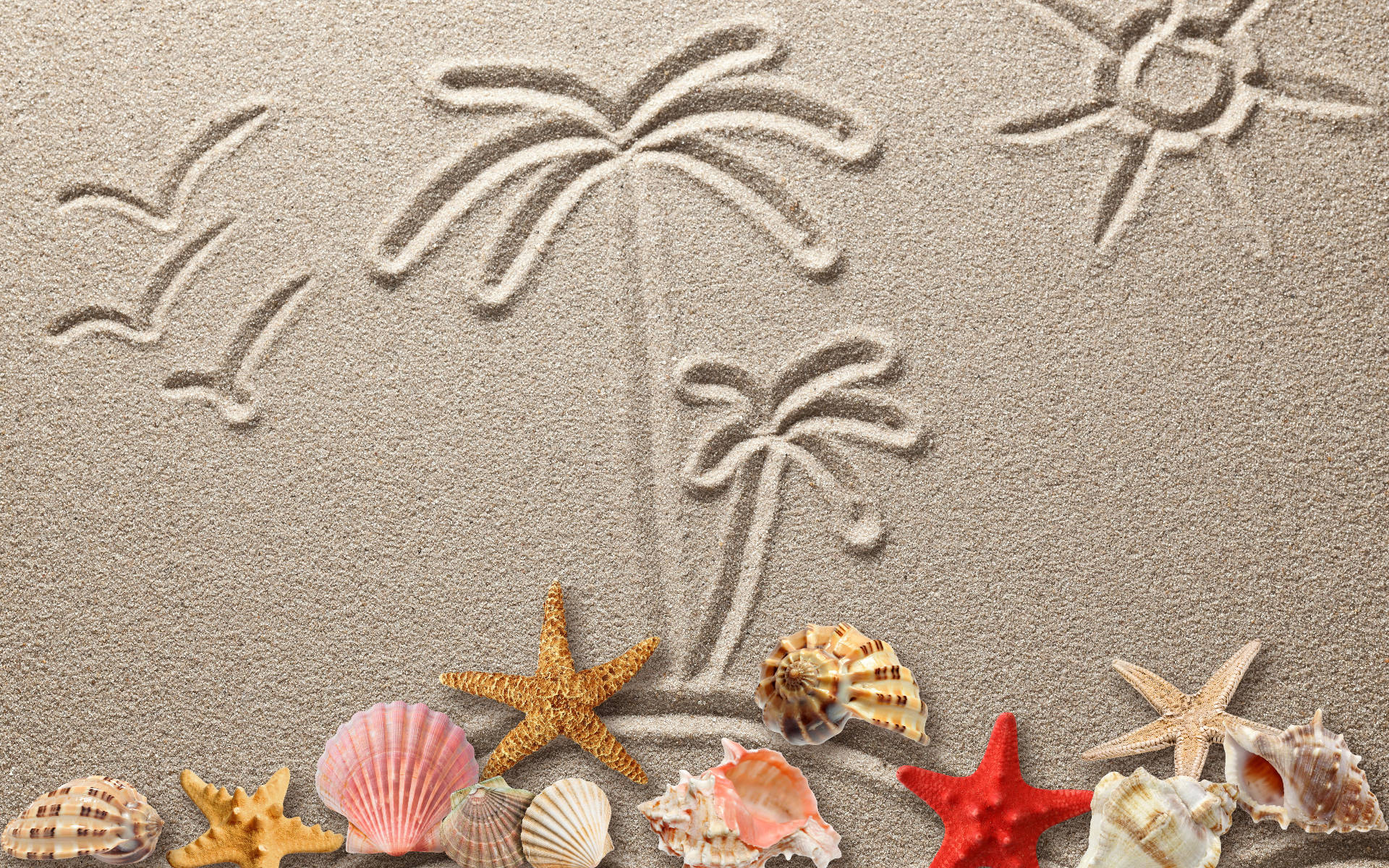 Coastal sand art, palm trees, sun, Full HD Desktop Wallpaper