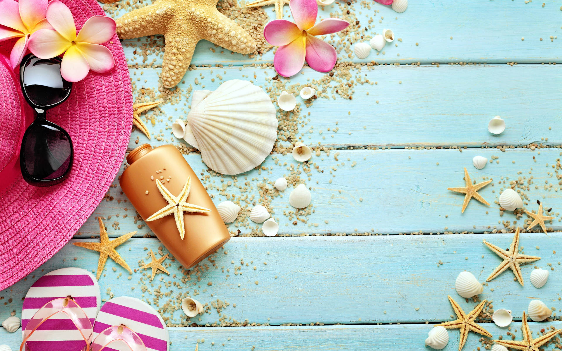 pink hat, sunglasses, flip flops, Full HD Desktop Wallpaper