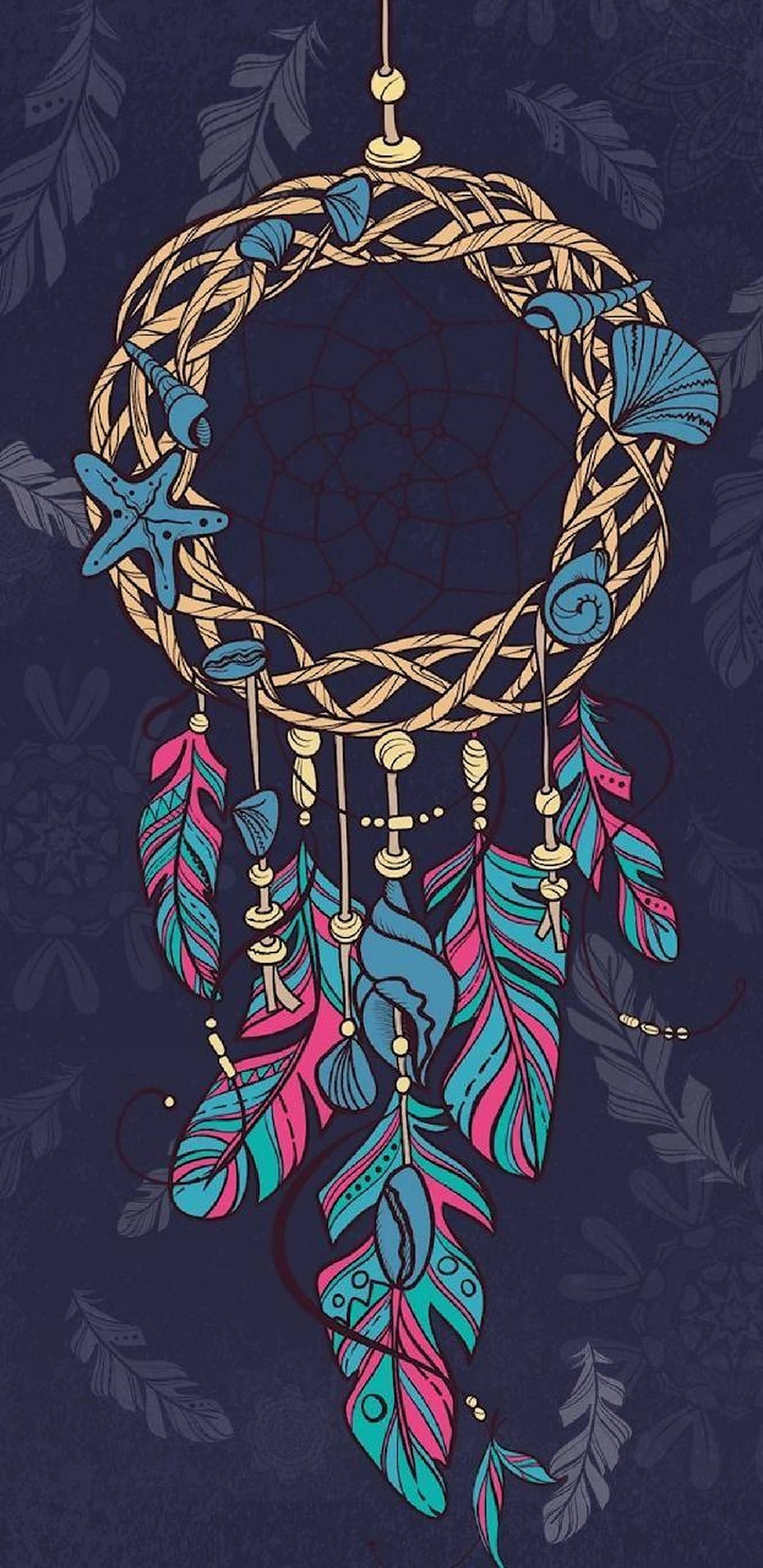 Dream Catcher Seashells, turquoise, pink feathers, 2K Phone Wallpaper