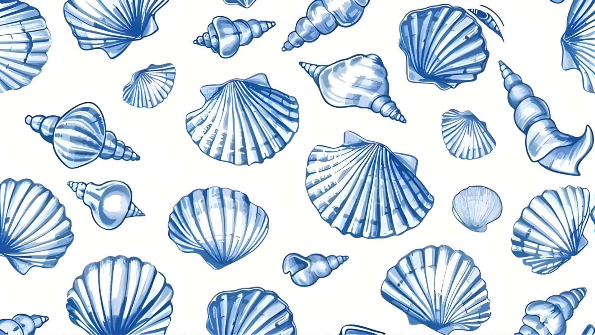 coastal seashell pattern, blue seashells, watercolor style, Full HD Desktop Wallpaper