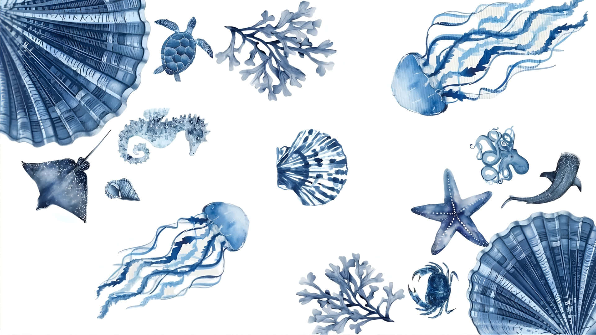 blue watercolor, sea creatures, shells, Full HD Desktop Wallpaper