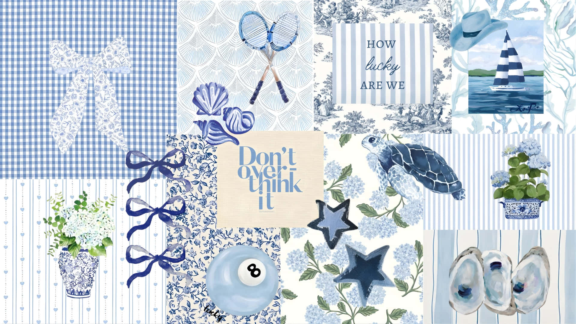 coastal blue, blue and white patterns, bows, Full HD Desktop Wallpaper