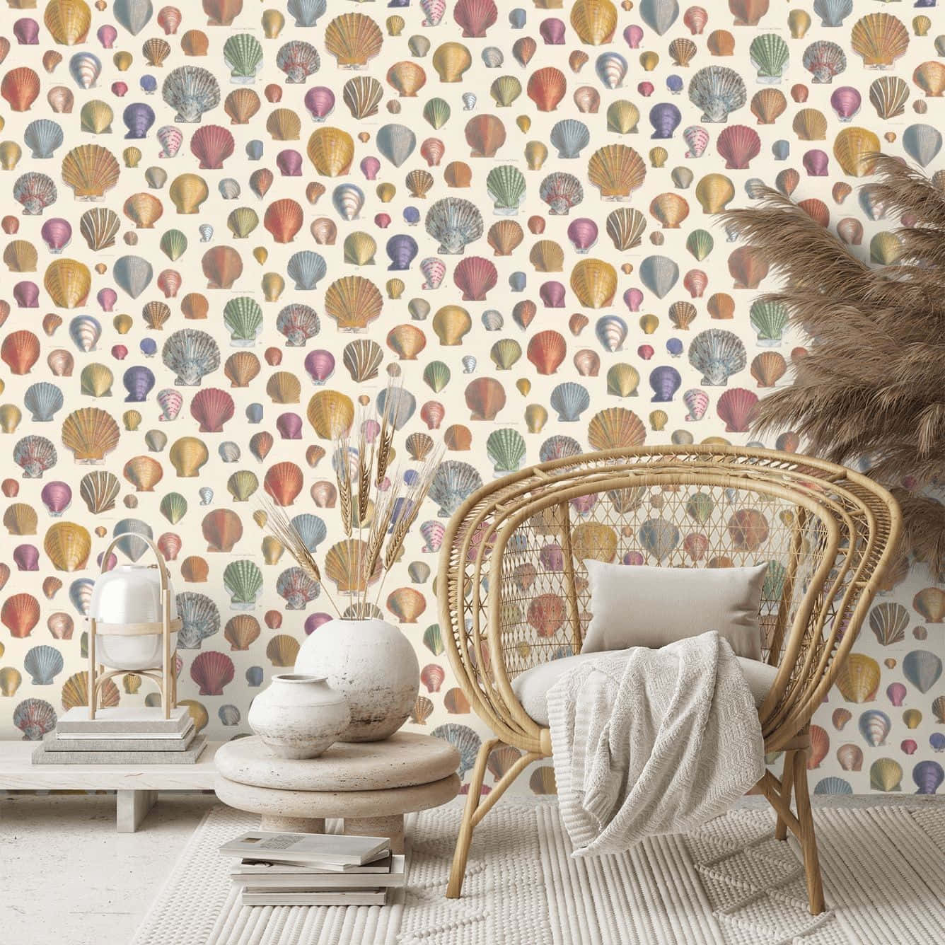 rattan chair, shell-patterned wallpaper, boho interior, HD Desktop Wallpaper