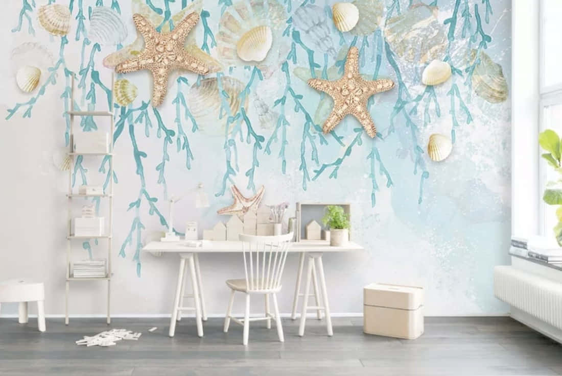 seashell, starfish, turquoise seaweed, SD Desktop Wallpaper