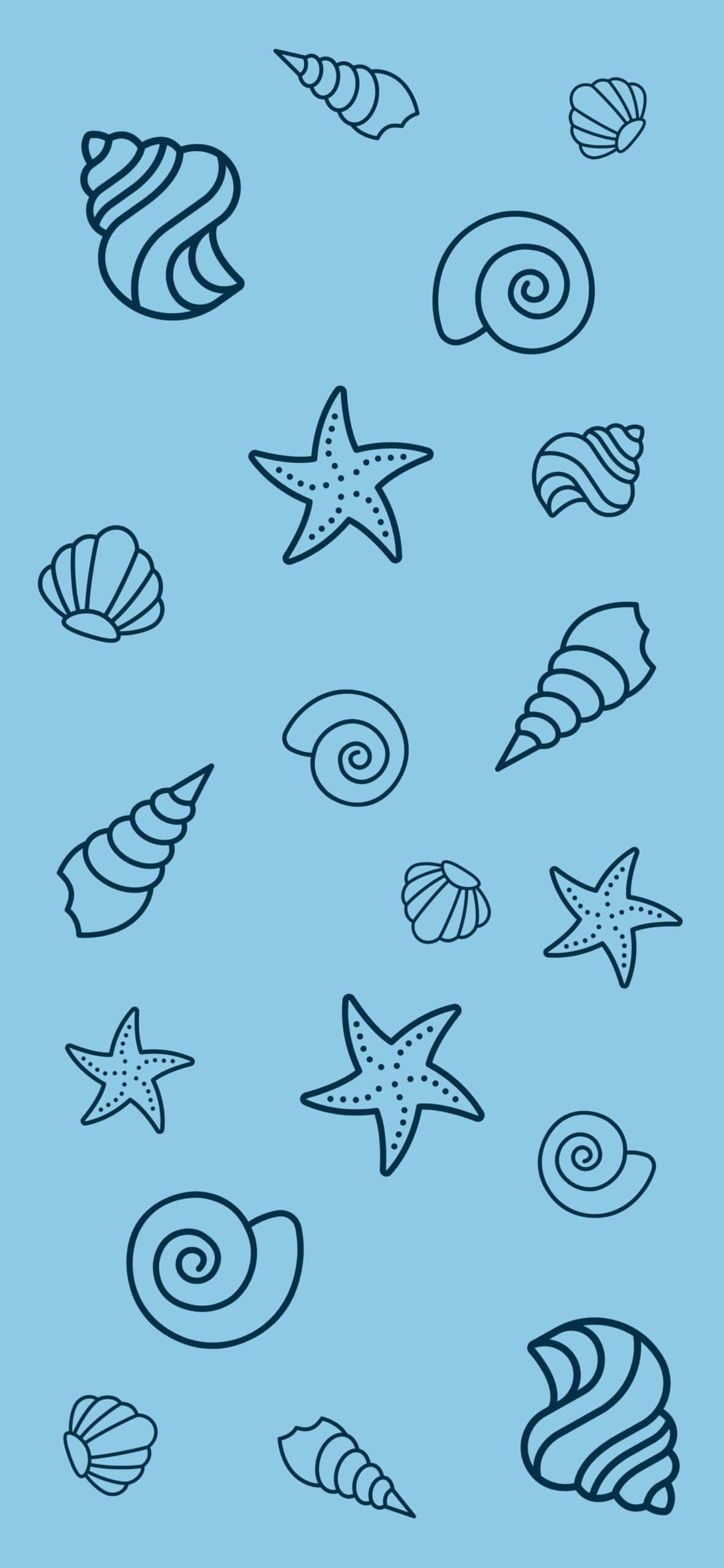 light blue, black line drawings, seashells, 2K Phone Wallpaper