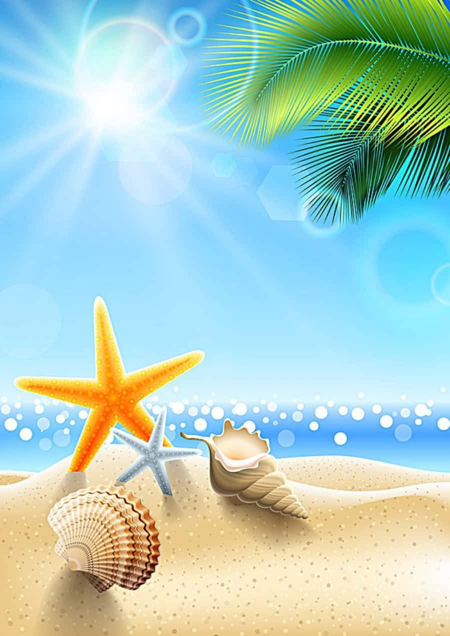 Cool Summer Seashells And Starfish Graphic, tropical beach scene, palm fronds, SD Phone Wallpaper
