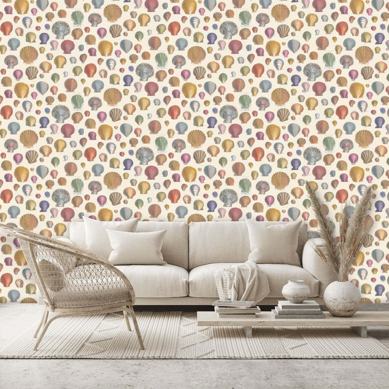 beige sofa, wicker chair, vibrant wallpaper, HD Desktop Wallpaper