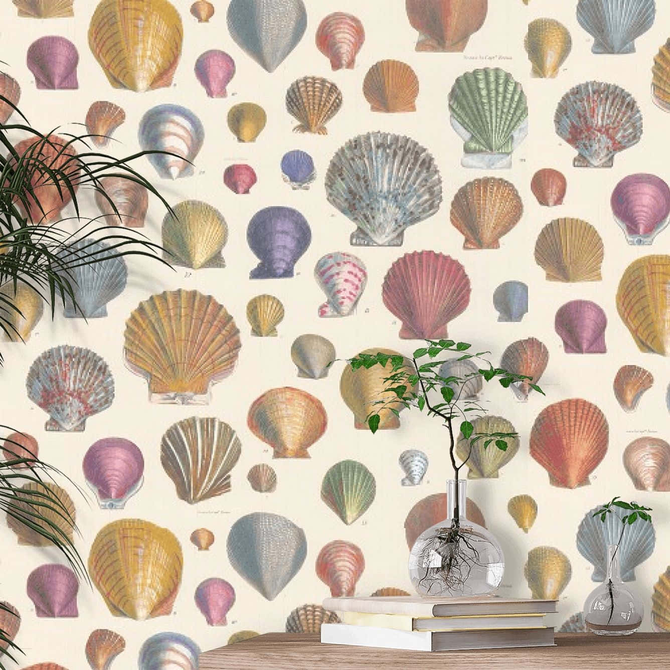 seashell wall pattern, pastel colors, vintage-style wallpaper, HD Desktop Wallpaper