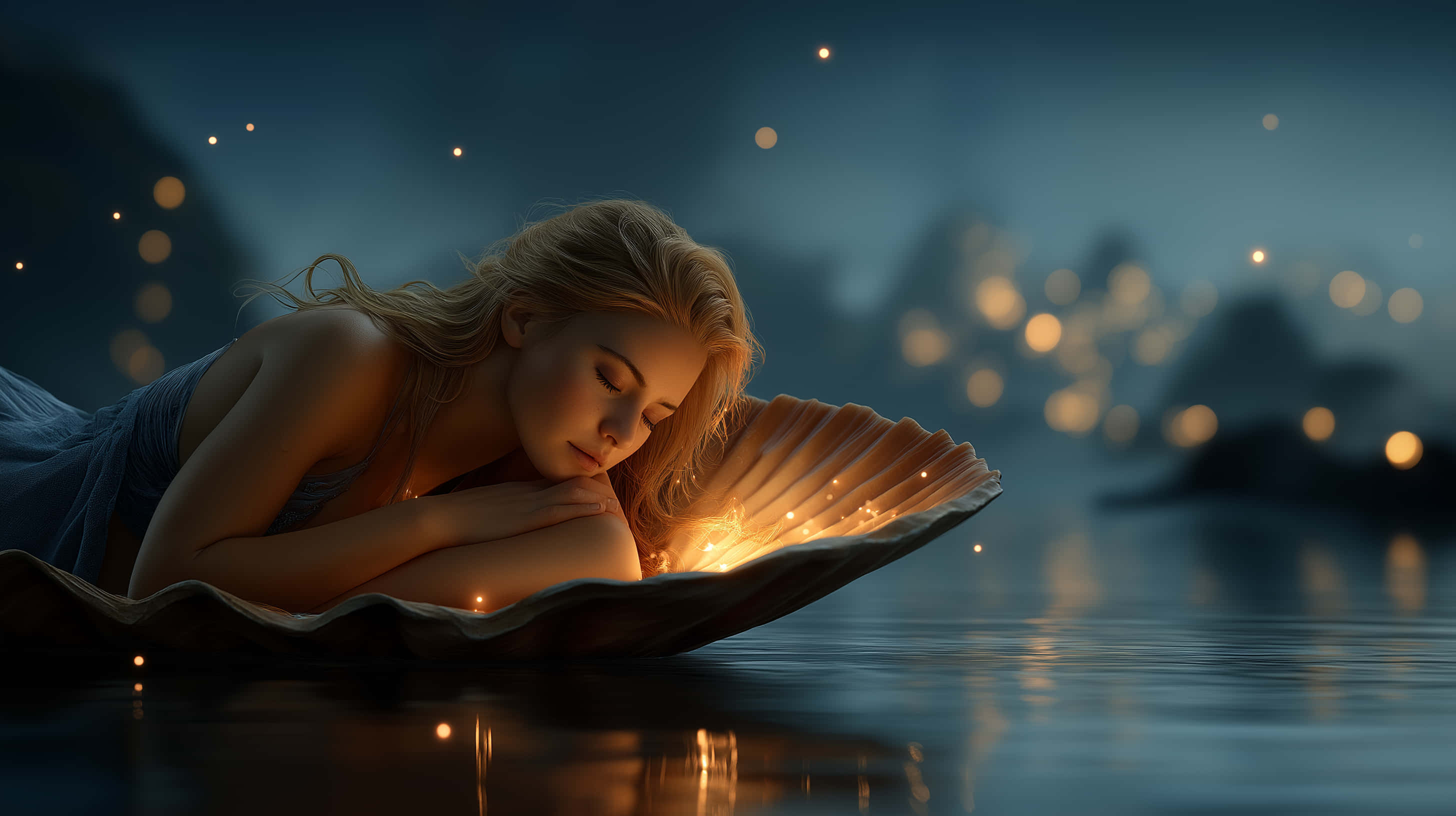 dreamlike young woman, glowing seashell, calm water, 2K Desktop Wallpaper