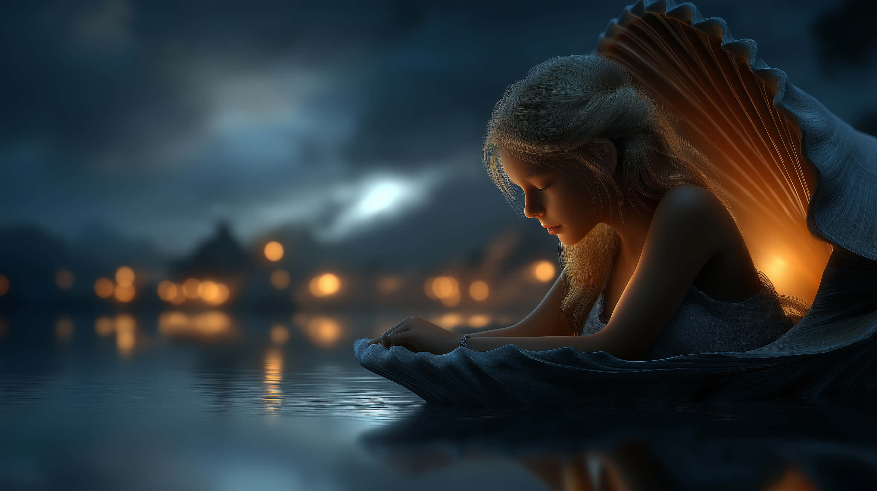 young woman, seashell, water, 2K Desktop Wallpaper
