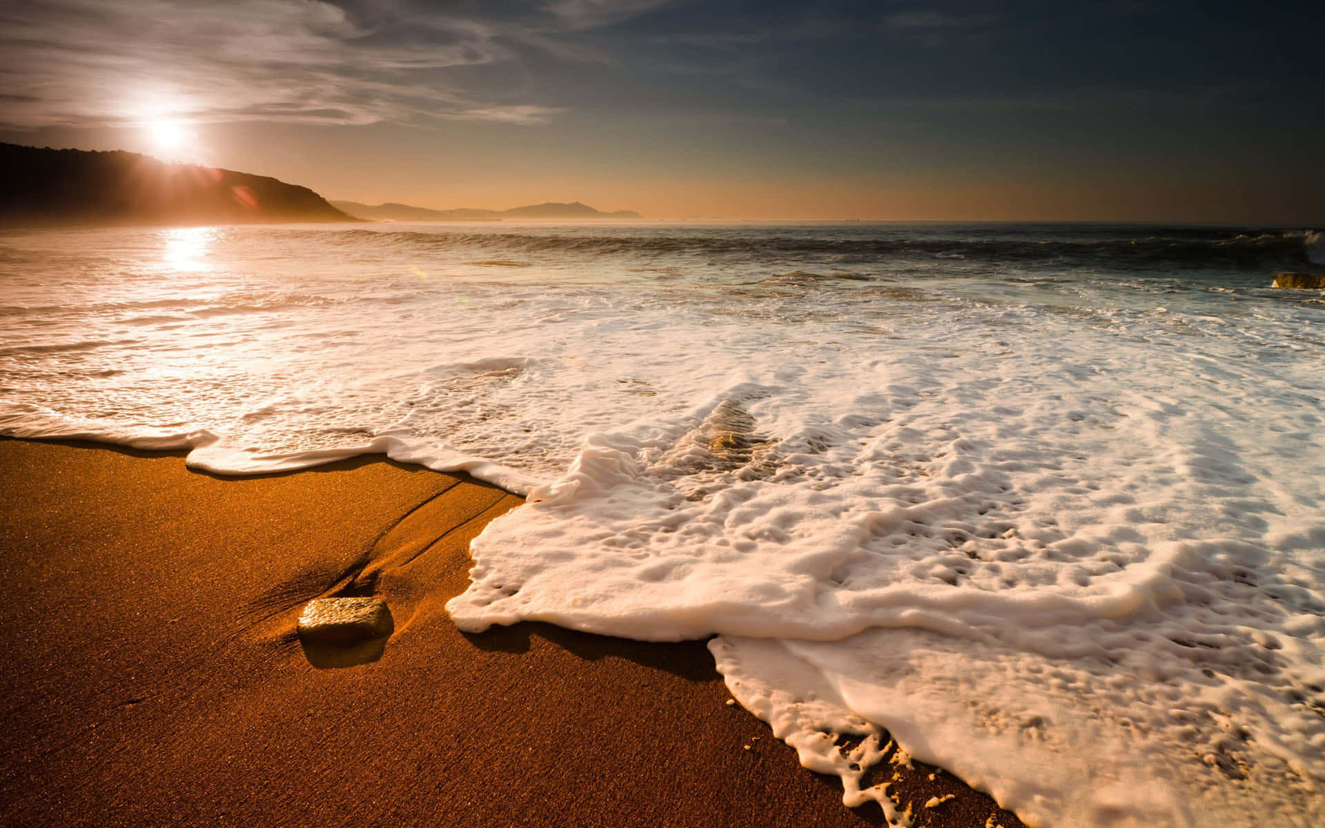 Seashore, Golden sunset, waves, Full HD Desktop Wallpaper