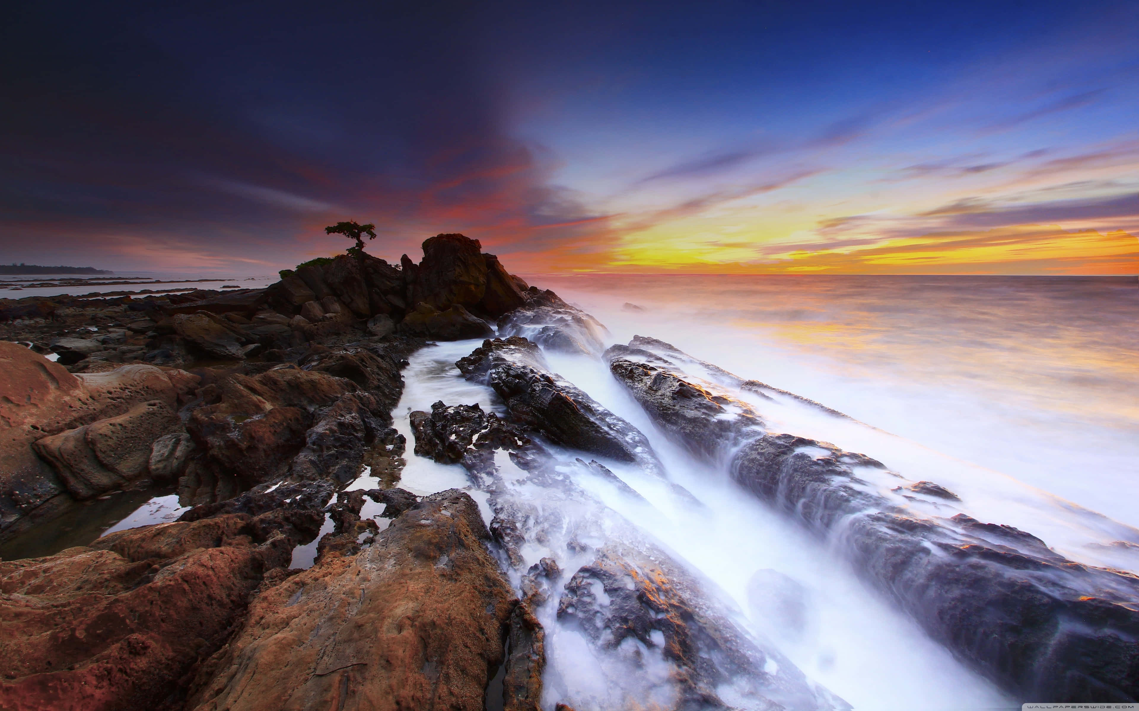 Seashore, Sunset, rugged rocks, 4K Desktop Wallpaper
