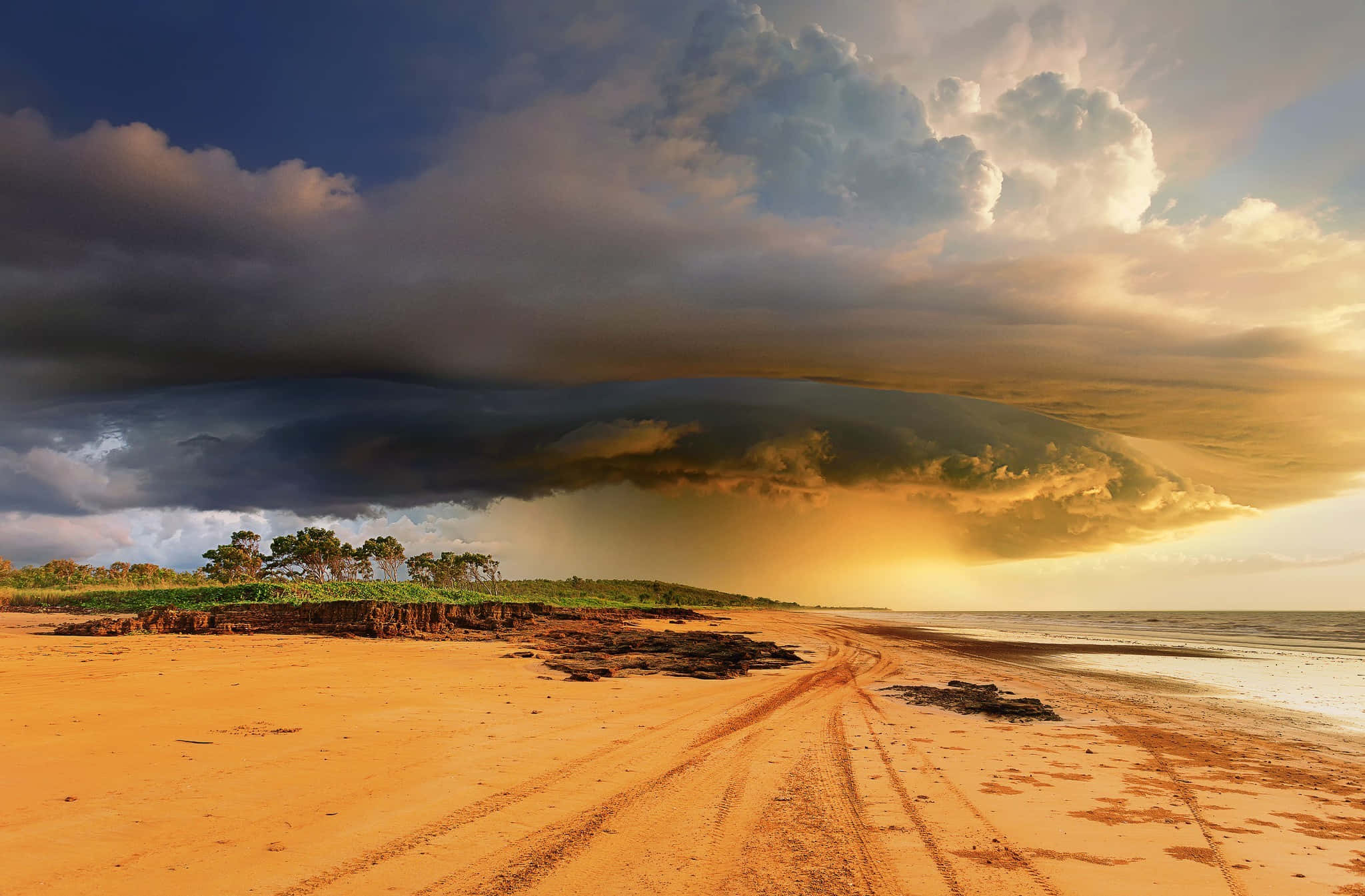 Seashore, sunset, golden beach, Full HD Desktop Wallpaper