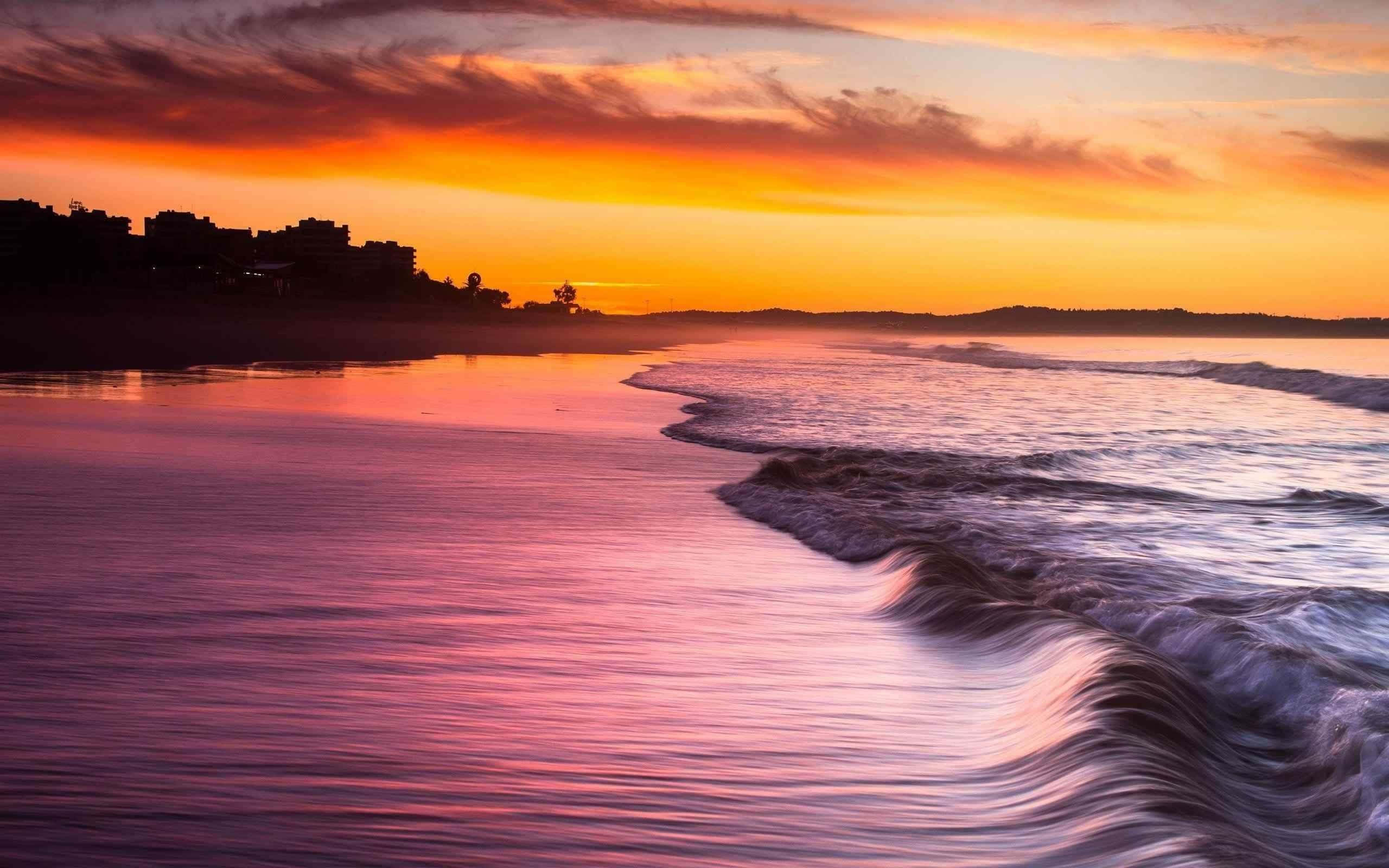 Seashore, sunset, orange and pink skies, 2K Desktop Wallpaper