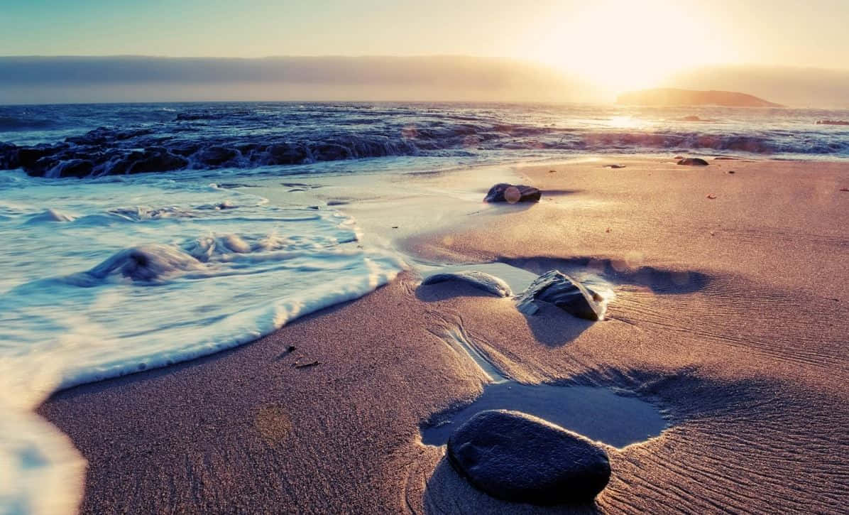 Sunset, ocean waves, sandy shore, SD Desktop Wallpaper