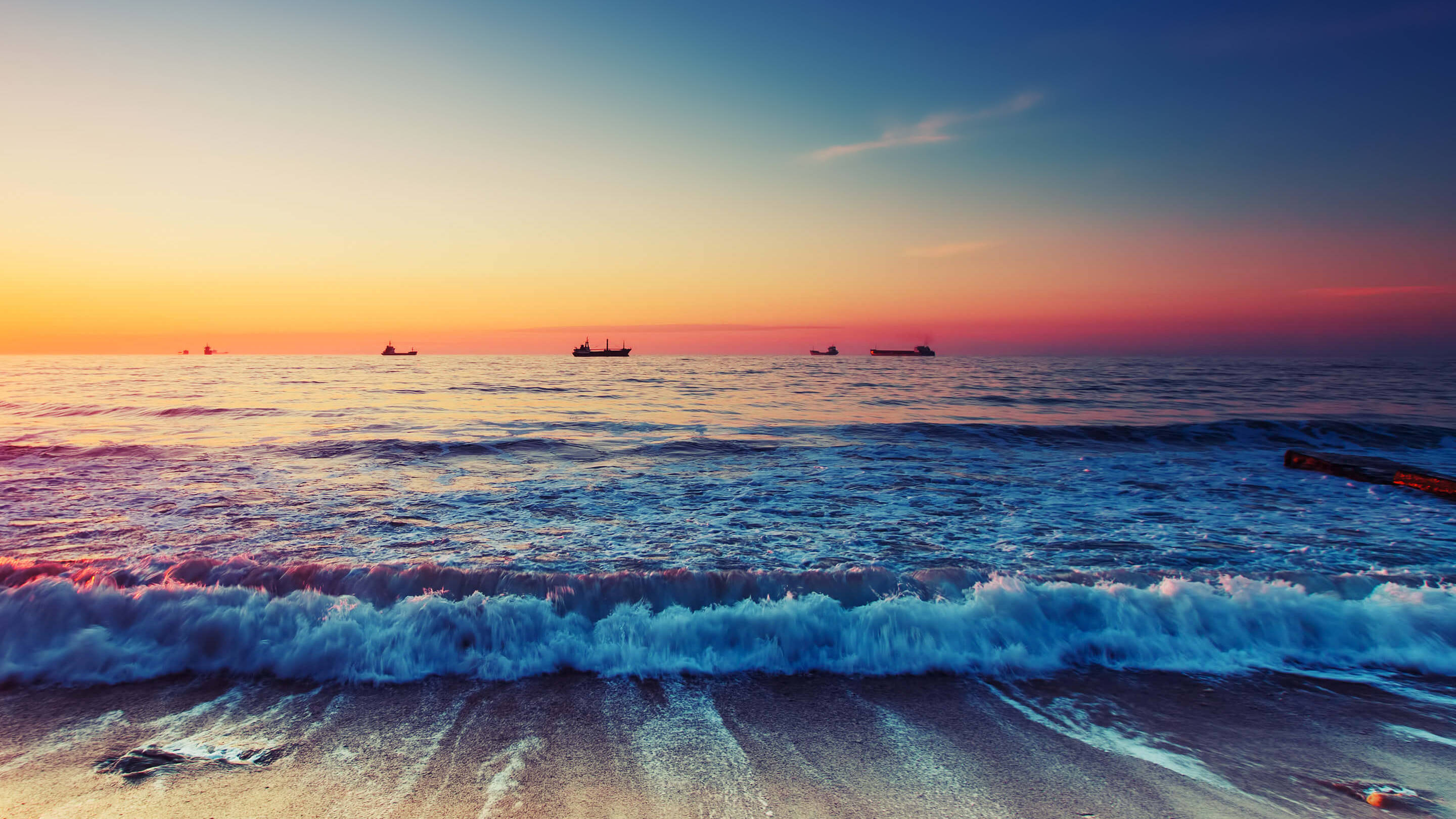 Sunset, ocean, fiery orange, 2K Desktop Wallpaper