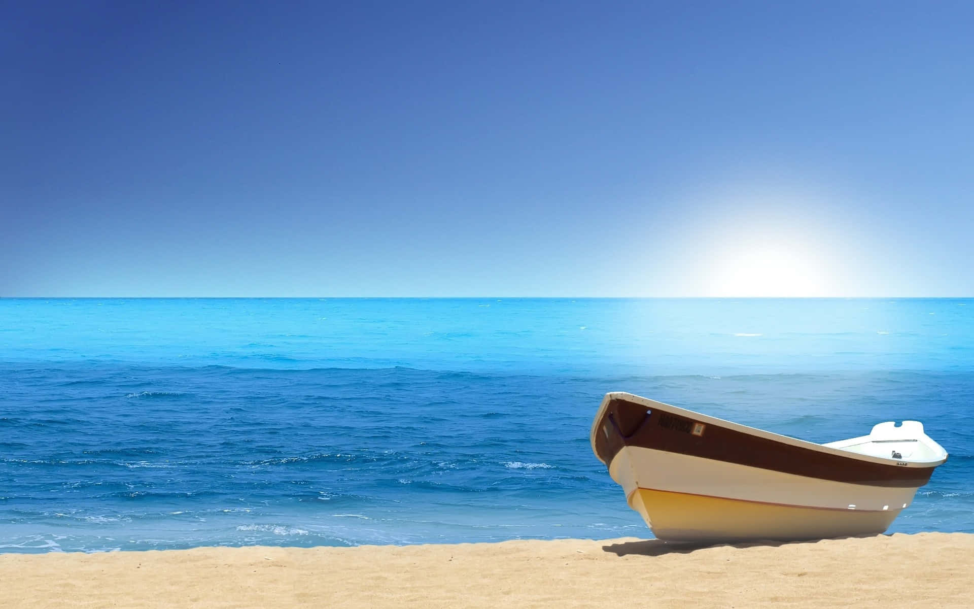 sunny beach shore, wooden boat, golden sand, Full HD Desktop Wallpaper