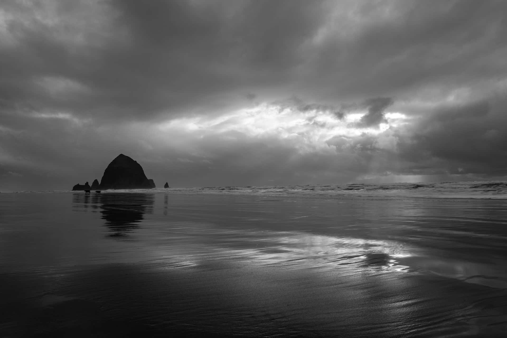 black and white beach, serene beach, sea stack, Full HD Desktop Wallpaper