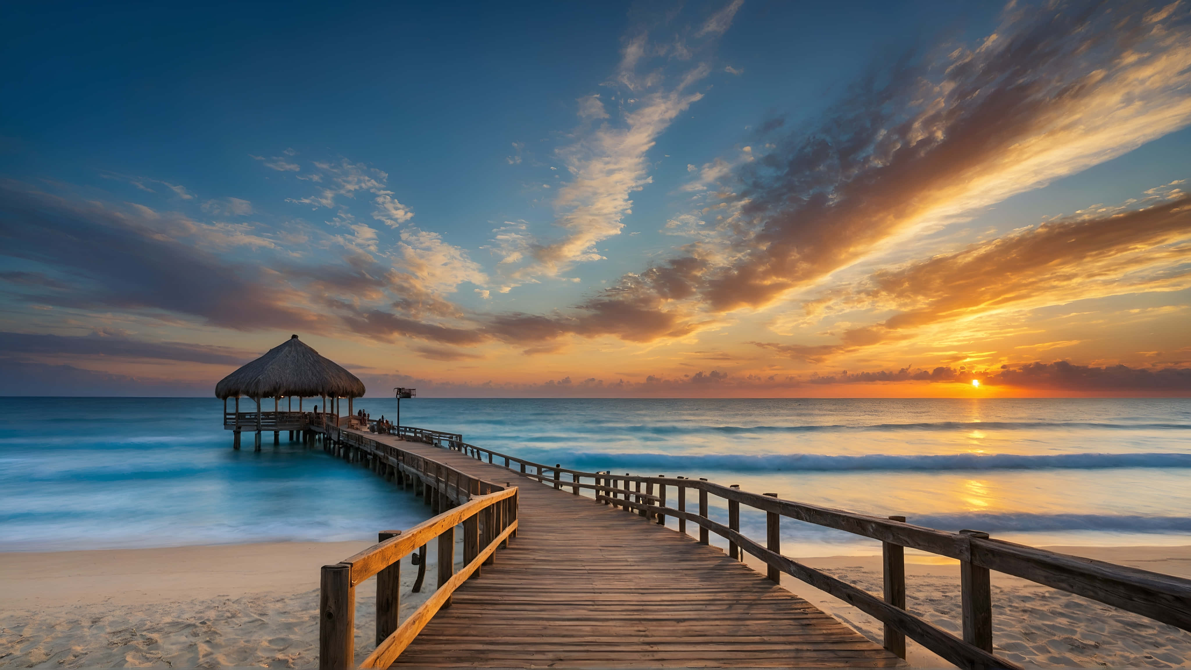 sunrise pier, turquoise ocean, vibrant sunset sky, 4K Desktop Wallpaper