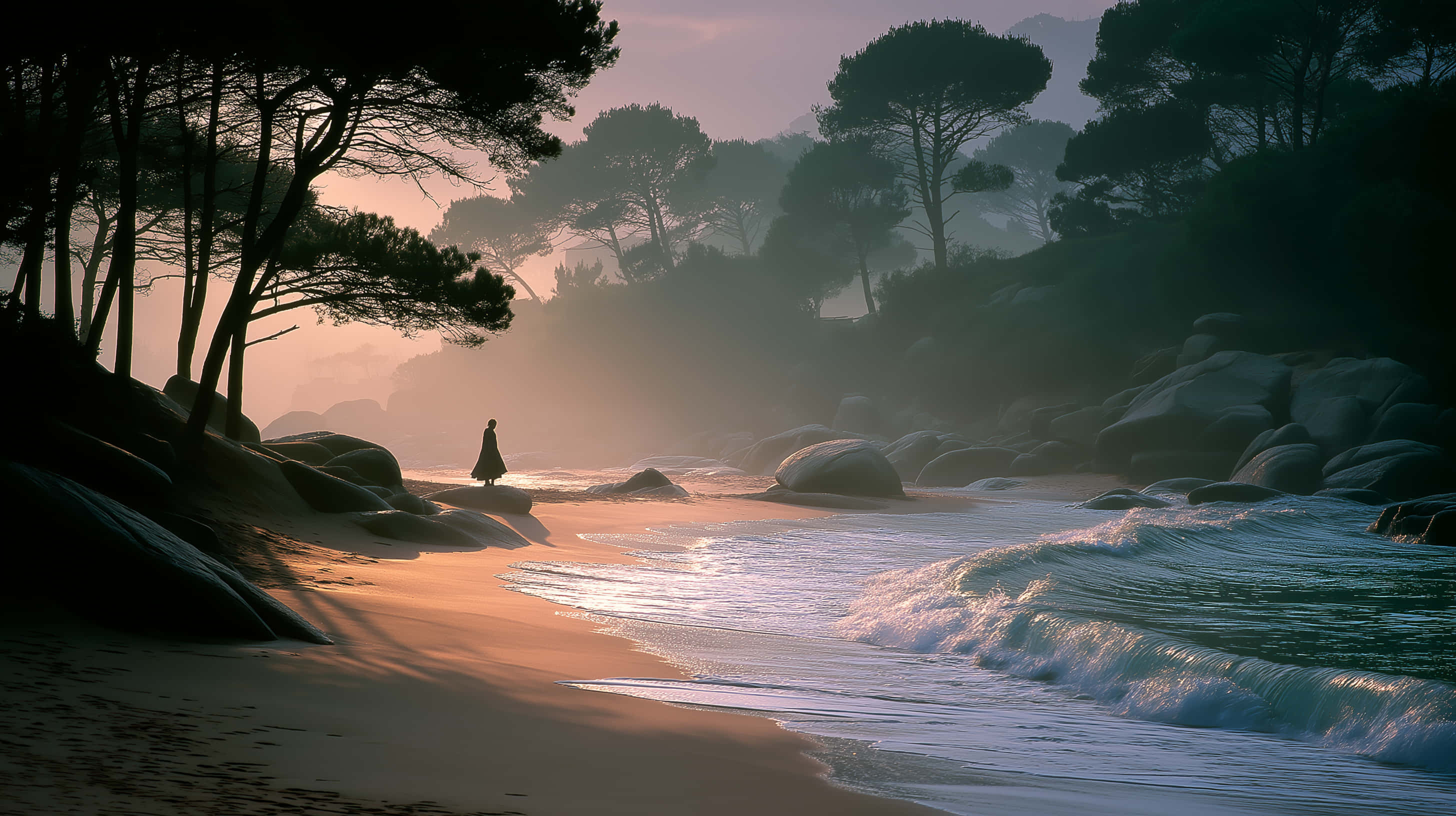 misty beach, twilight, gentle waves, 2K Desktop Wallpaper