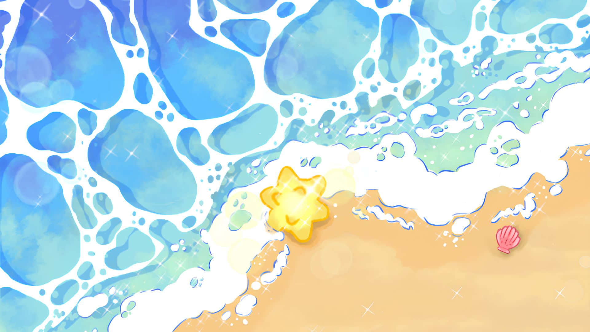 yellow starfish, golden sand, turquoise ocean, Full HD Desktop Wallpaper