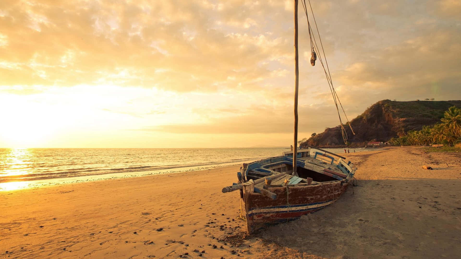 Seaside, sunset, golden sandy beach, Full HD Desktop Wallpaper