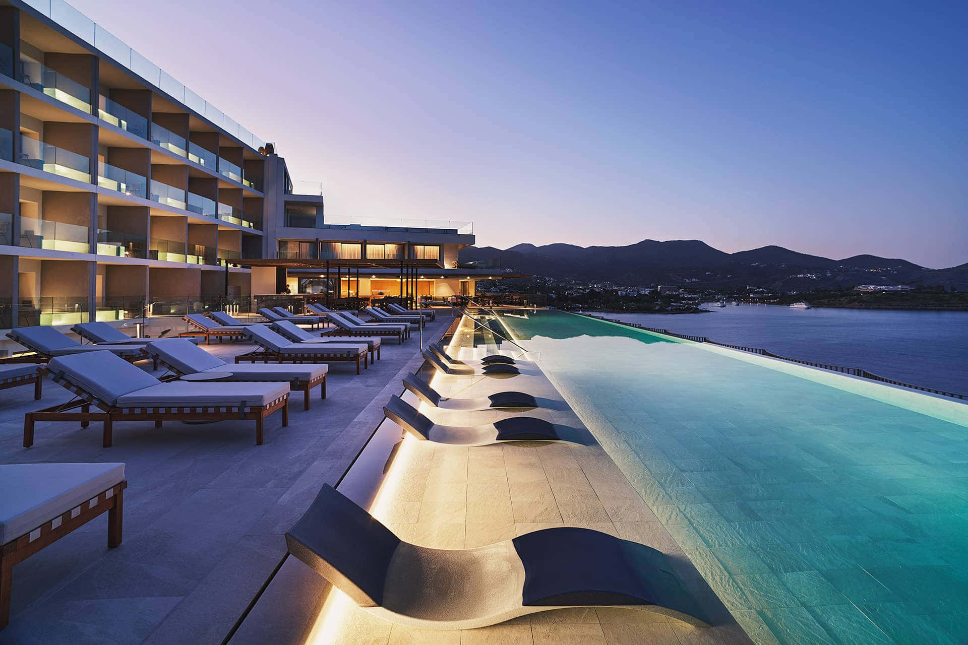 infinity pool, twilight, glowing lounge chairs, Full HD Desktop Wallpaper
