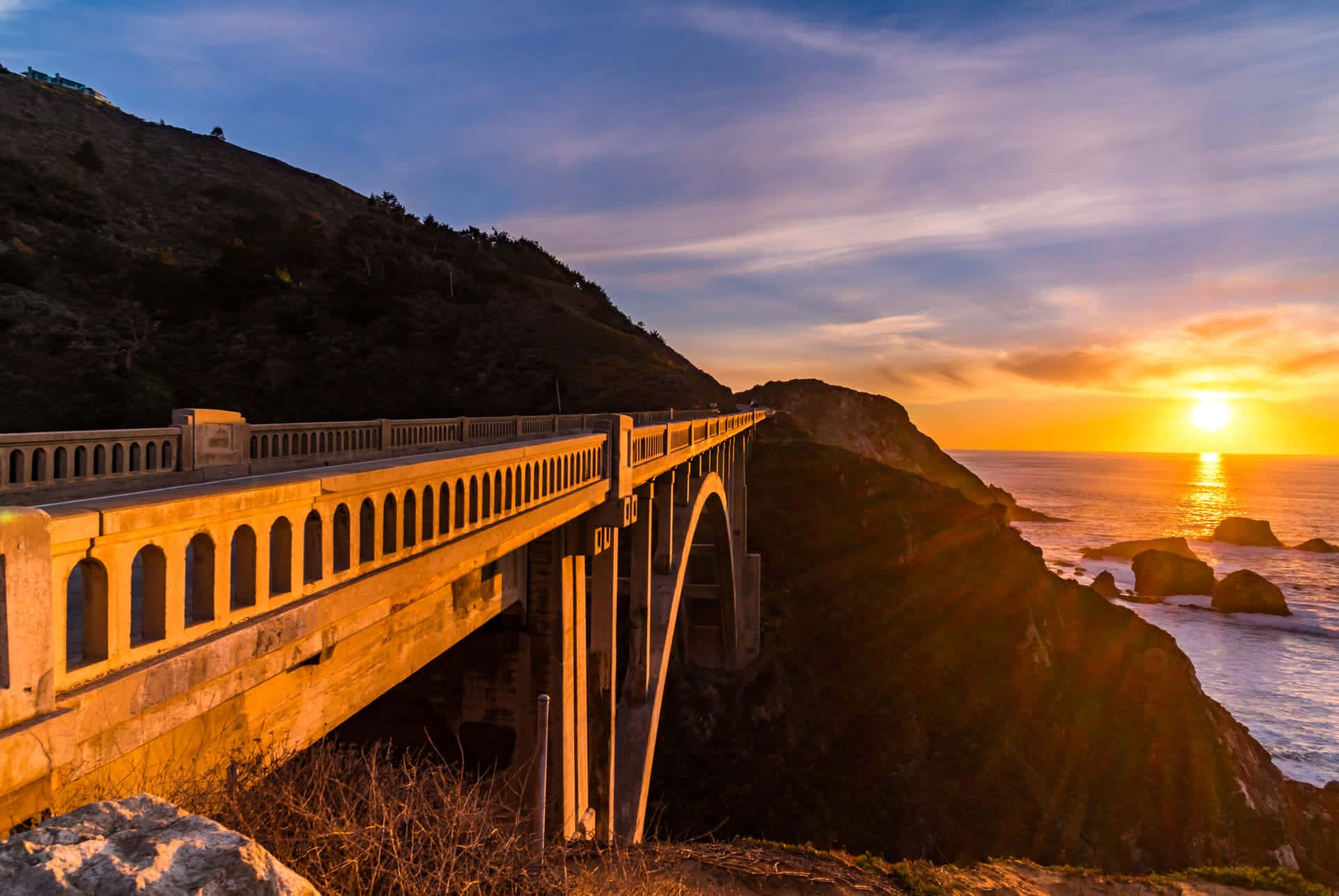 seaside, concrete bridge, rugged cliffs, Full HD Desktop Wallpaper