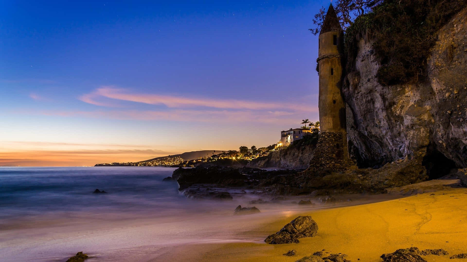 historic stone tower, cliffside, twilight, Full HD Desktop Wallpaper