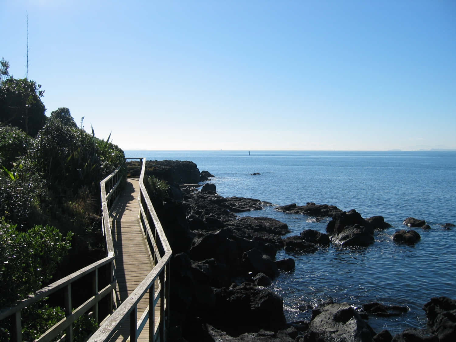 Seaside, wooden boardwalk, rocky coastline, HD Desktop Wallpaper