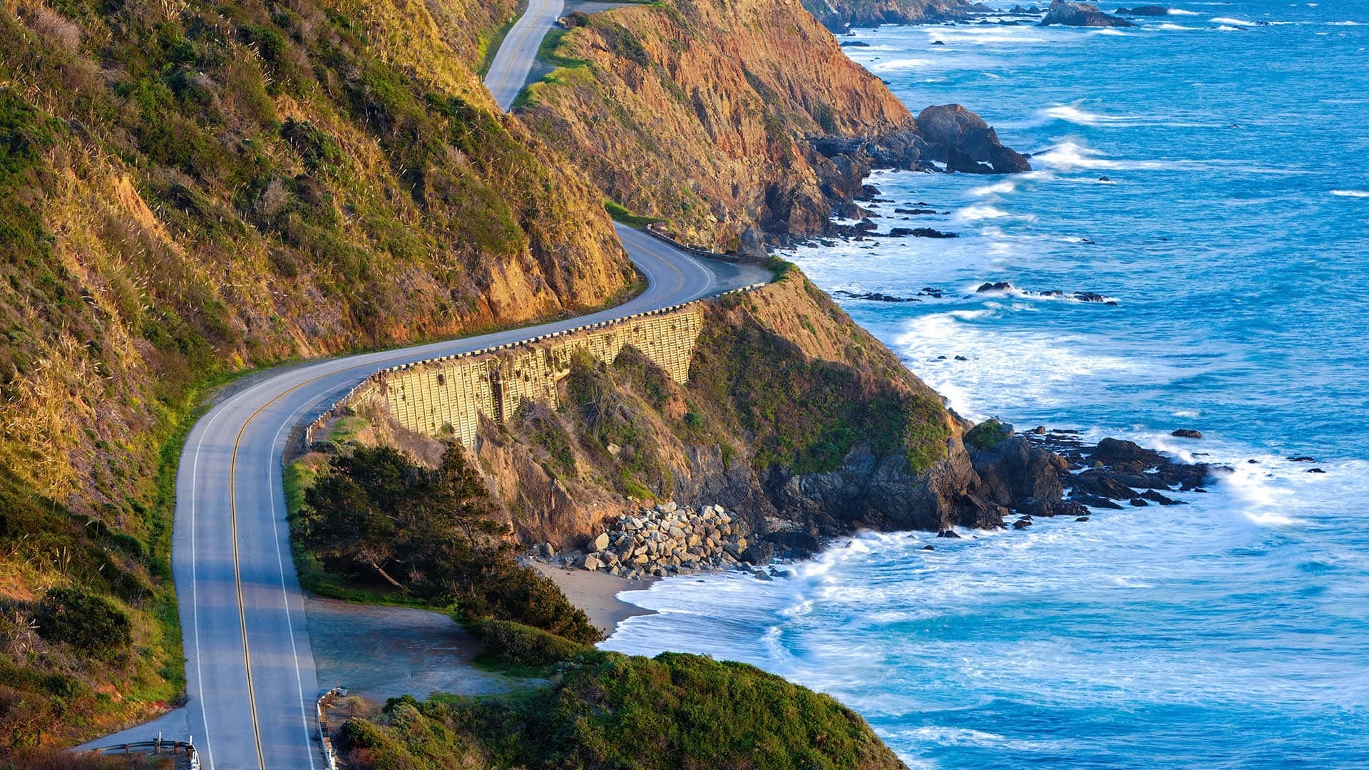 seaside, winding coastal highway, steep cliffs, Full HD Desktop Wallpaper