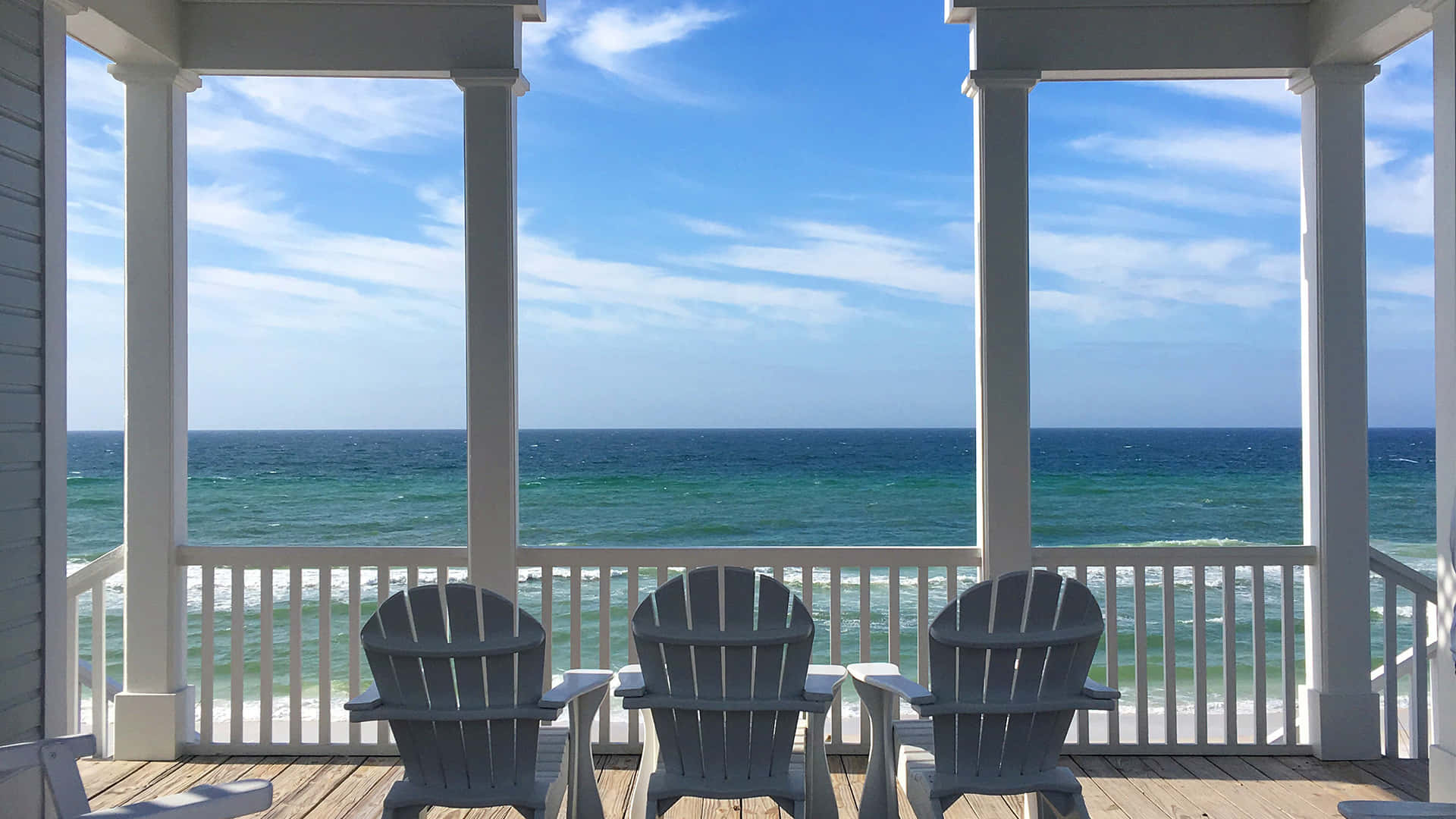 Adirondack chairs, turquoise ocean, bright blue sky, Full HD Desktop Wallpaper