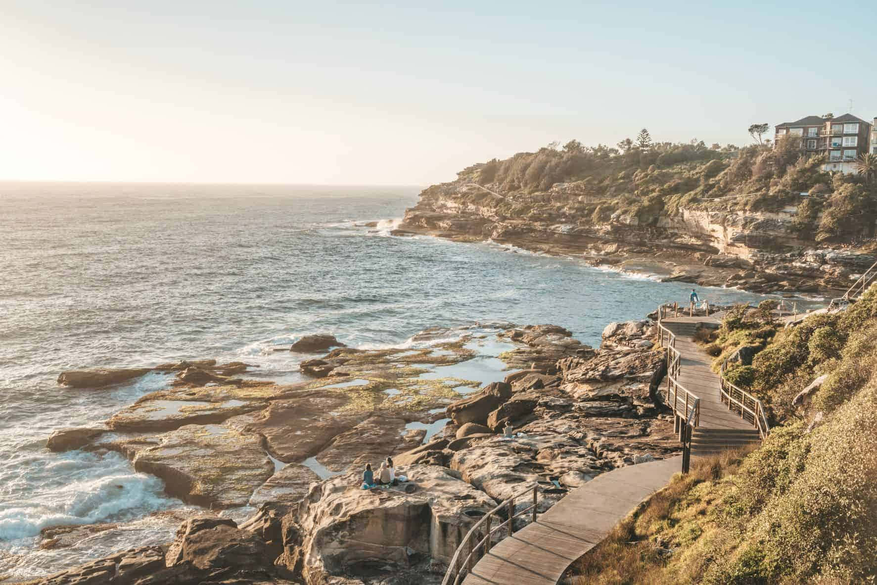 Seaside, Sunlit coastal cliffs, wooden walkway, HD Desktop Wallpaper