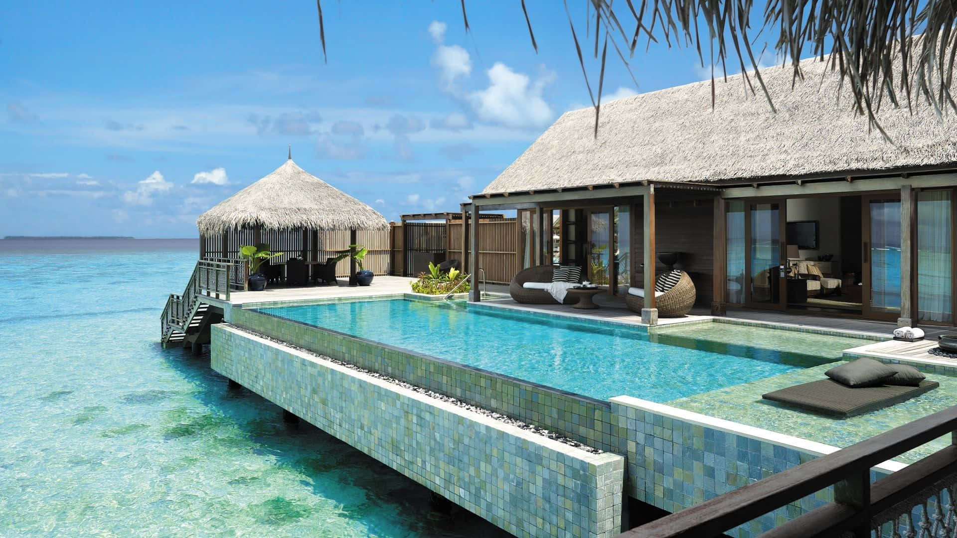 overwater villa, private pool, thatched roof, Full HD Desktop Wallpaper