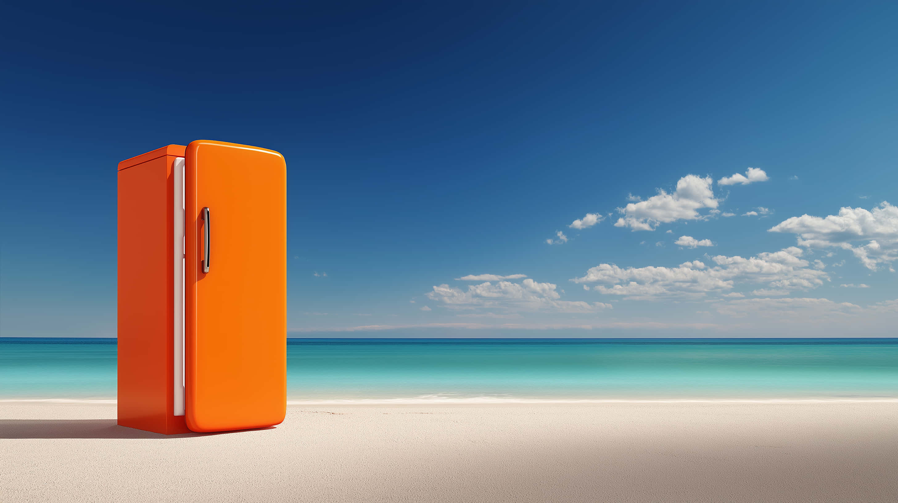 bright orange vintage refrigerator, pristine white sandy beach, turquoise ocean, 2K Desktop Wallpaper