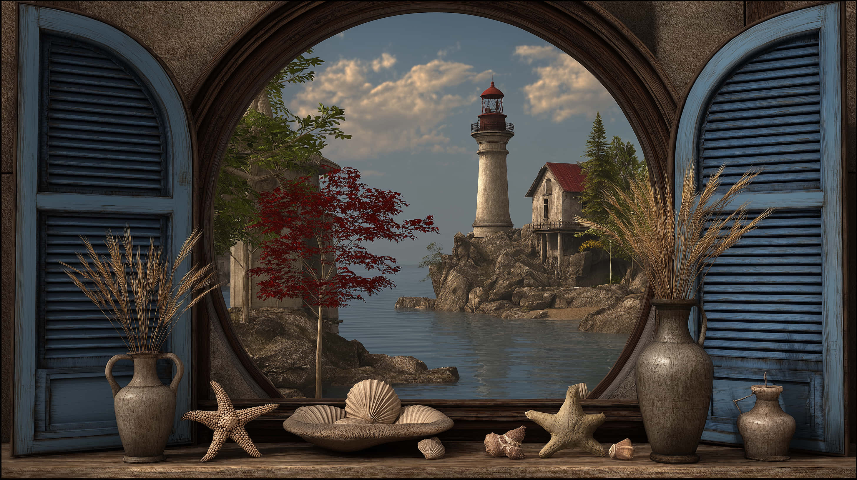 arched blue shutters, lighthouse, rocky coast, 2K Desktop Wallpaper