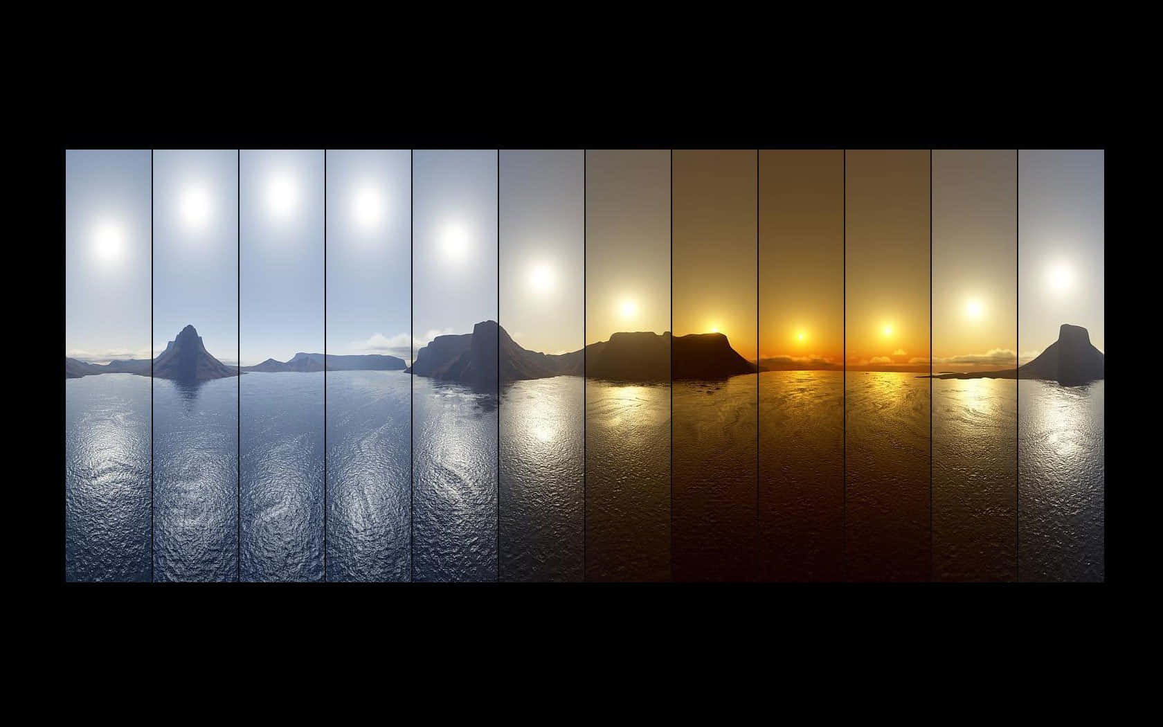 Sun Lake Timeline Four Seasons, sunset, calm sea, HD Desktop Wallpaper