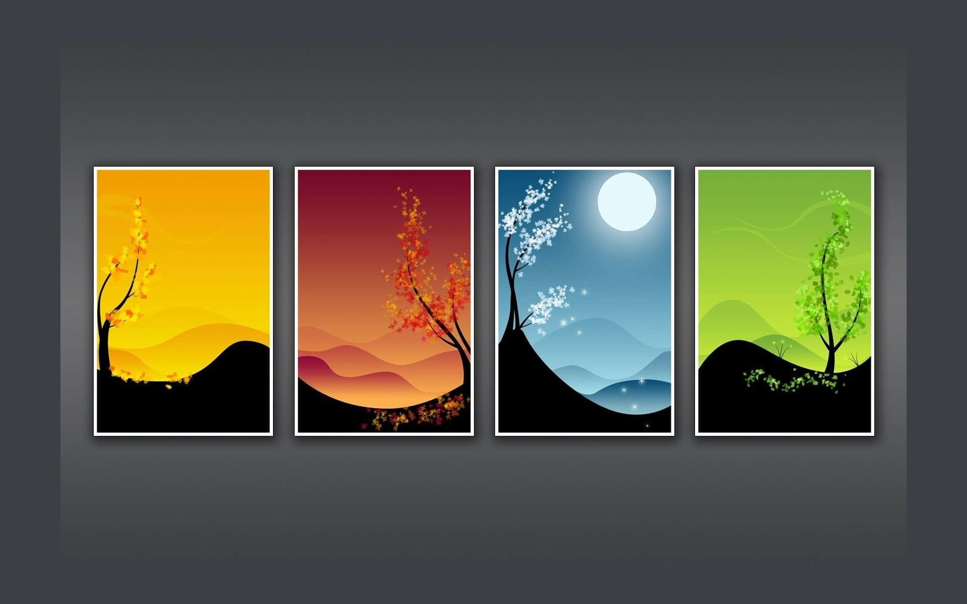 Change Of Seasons Artwork Frames, trees, colorful mountain backdrops, Full HD Desktop Wallpaper