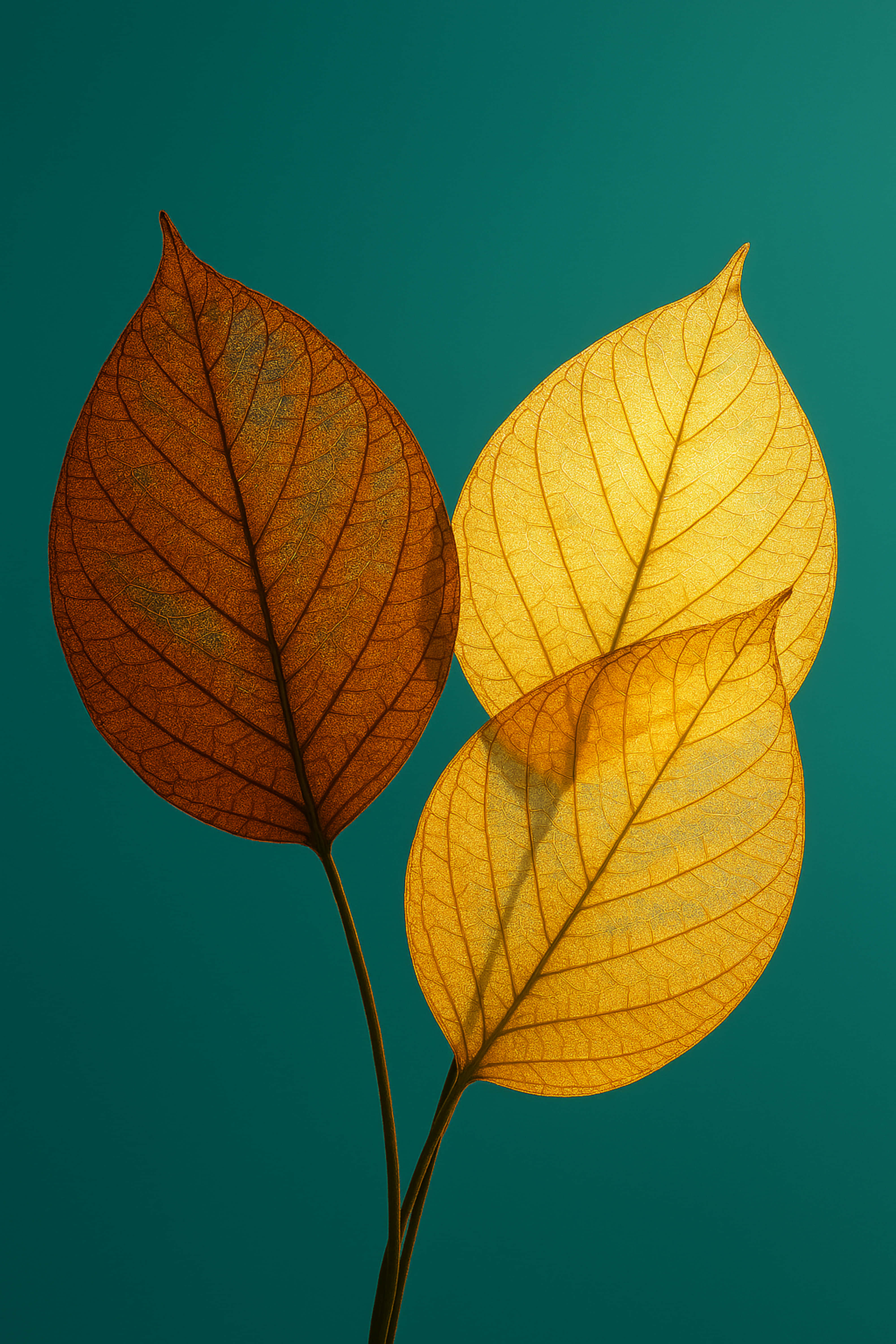 autumn leaves, turquoise background, amber gold, 5K Phone Wallpaper