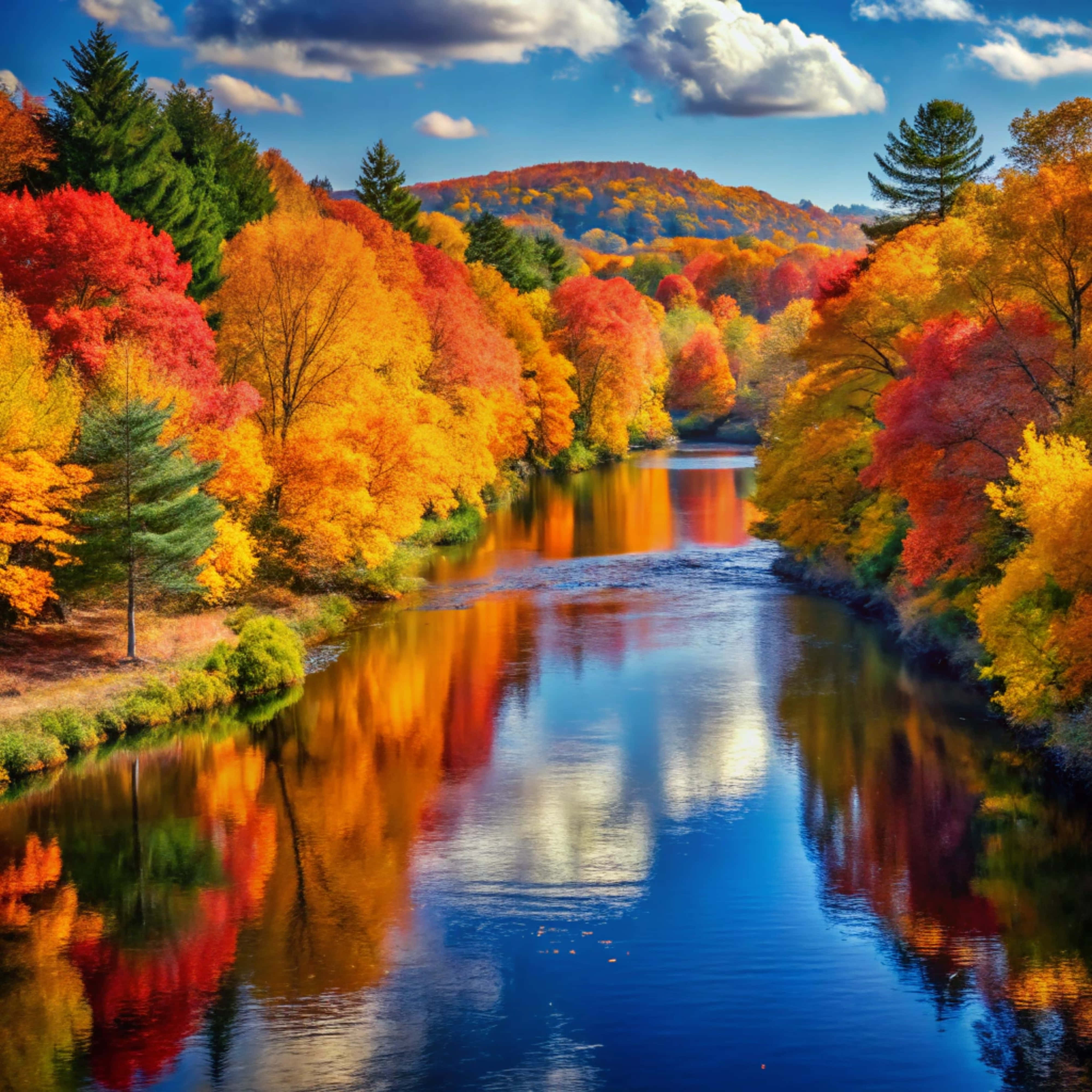 autumn, red orange and yellow leaves, calm blue water, 4K Desktop Wallpaper