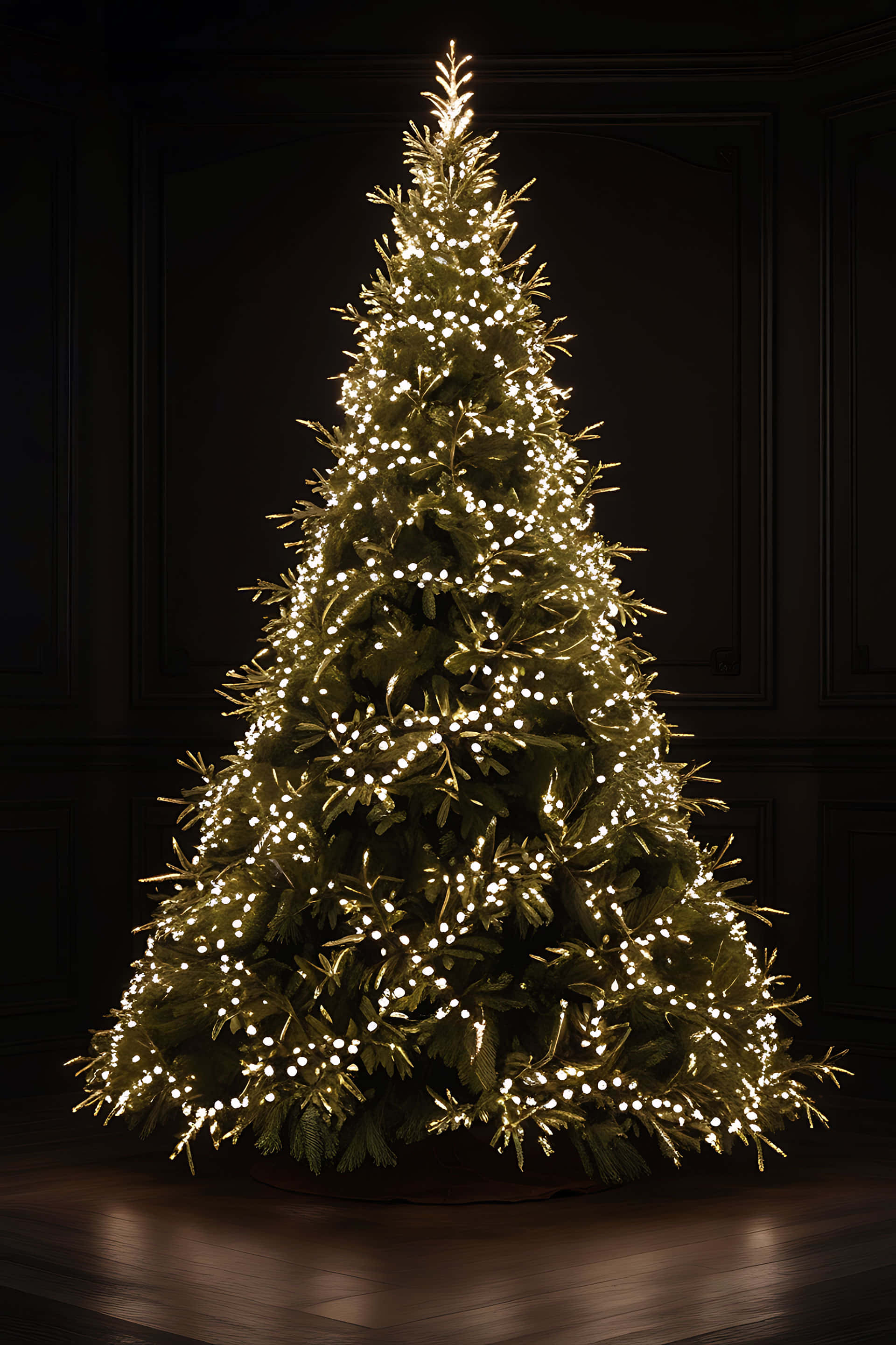 evergreen Christmas tree, warm glowing fairy lights, dark paneled room, 2K Phone Wallpaper