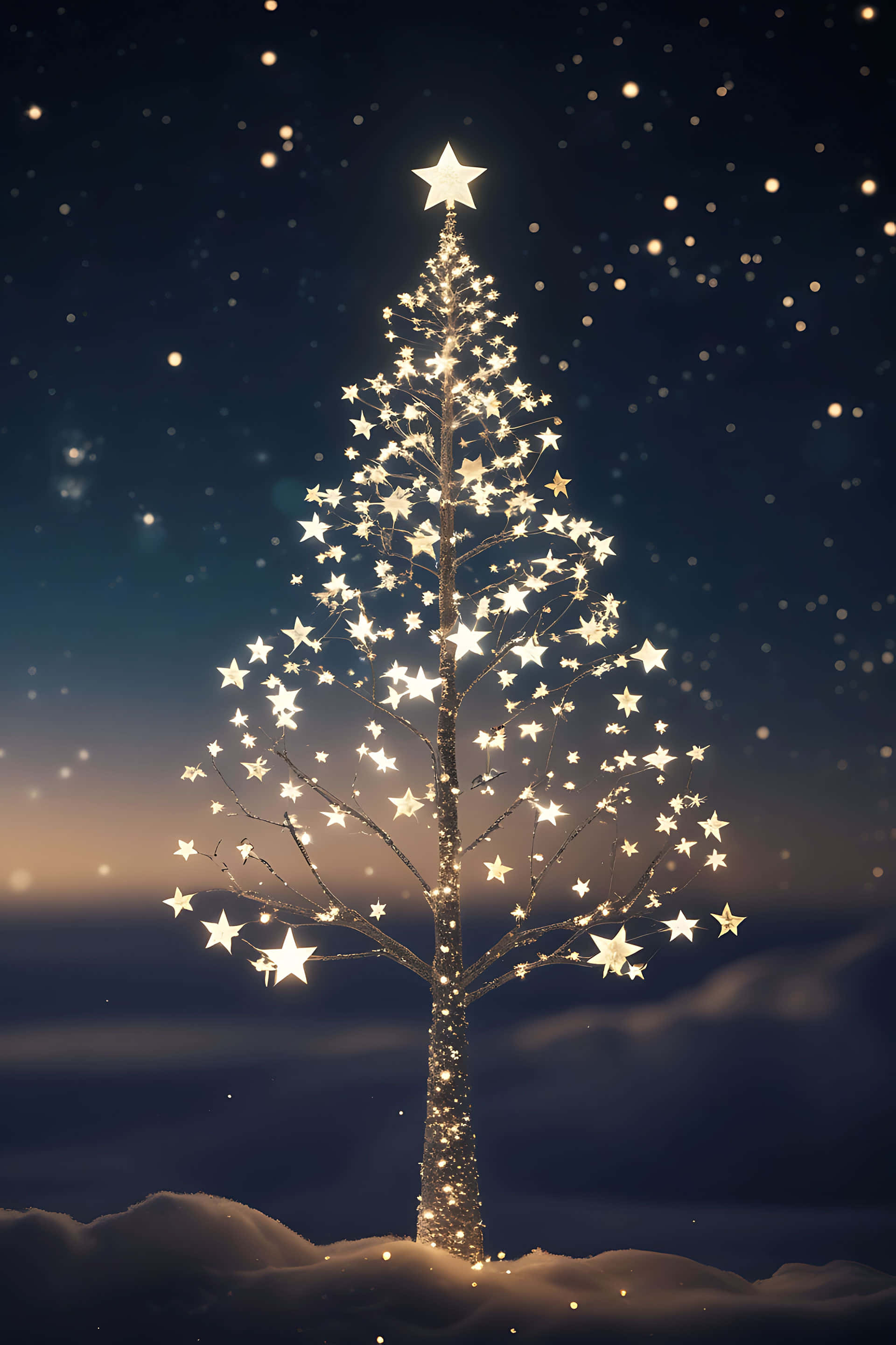 star tree, winter night, starry night sky, 2K Phone Wallpaper