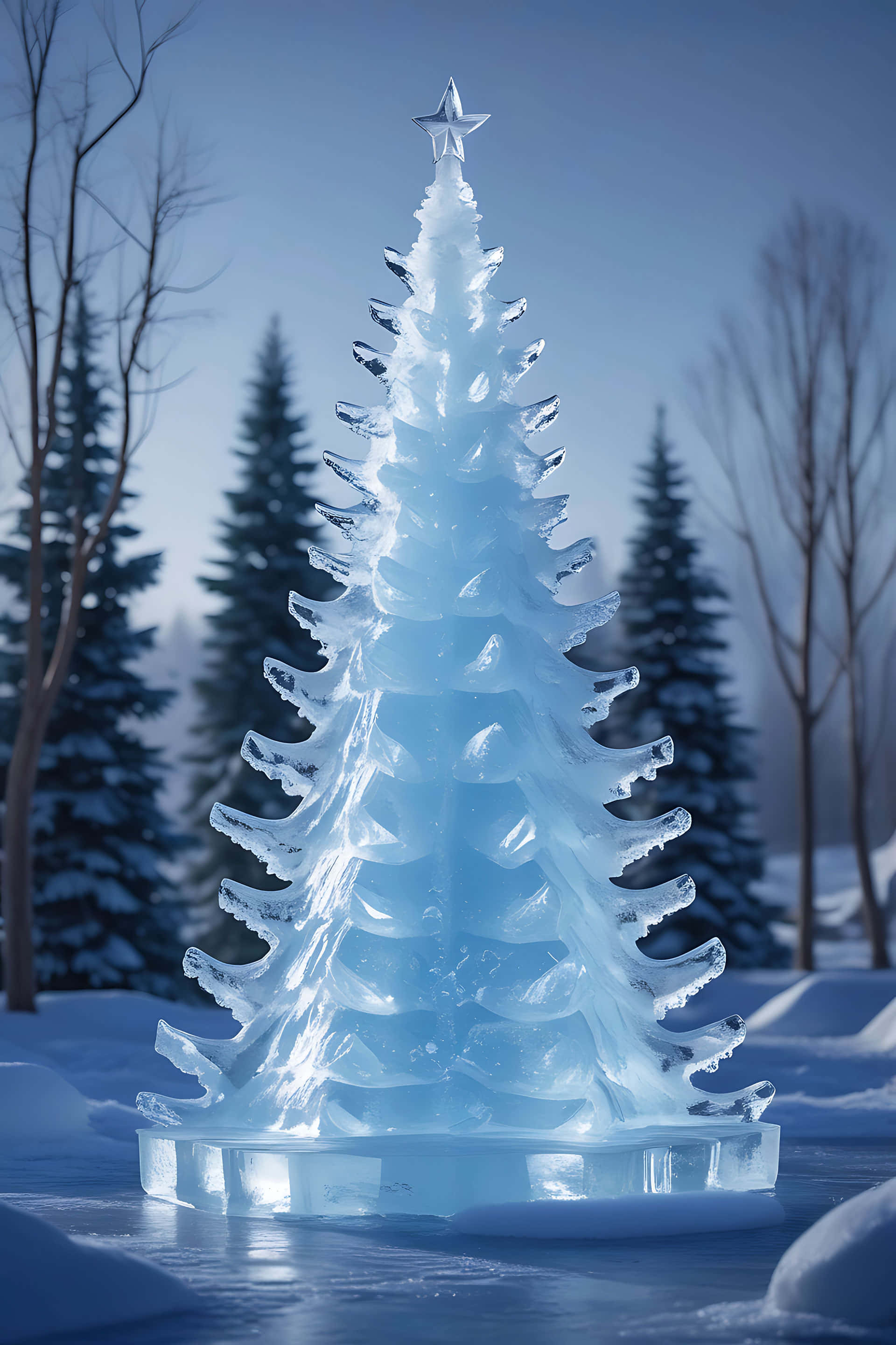 ice sculpture Christmas tree, winter forest, translucent, 2K Phone Wallpaper
