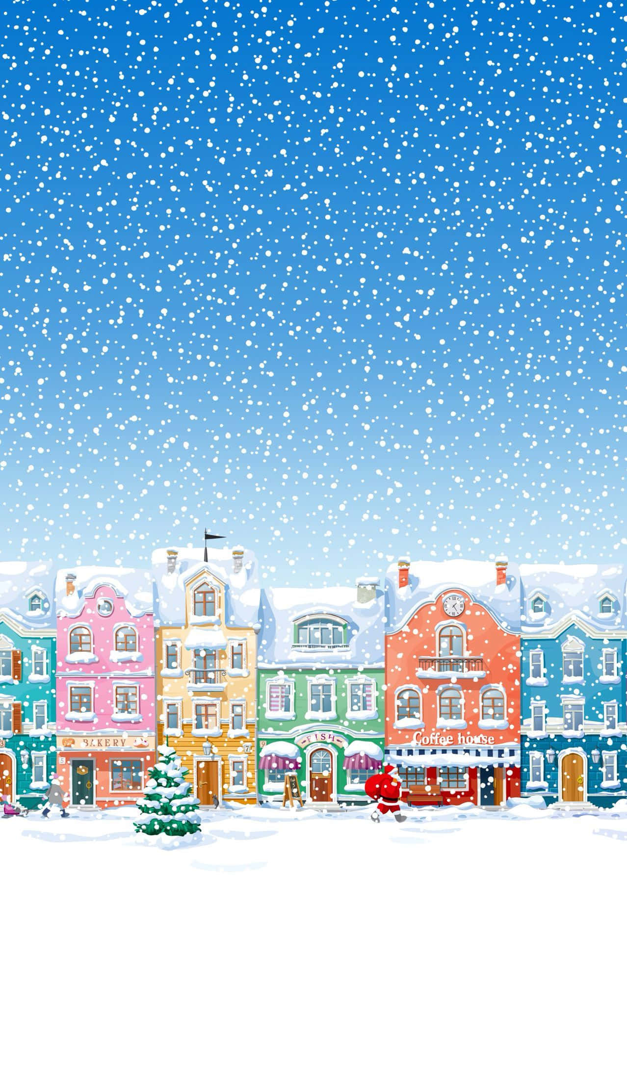 pastel-colored, European-style buildings, snow, Full HD Phone Wallpaper